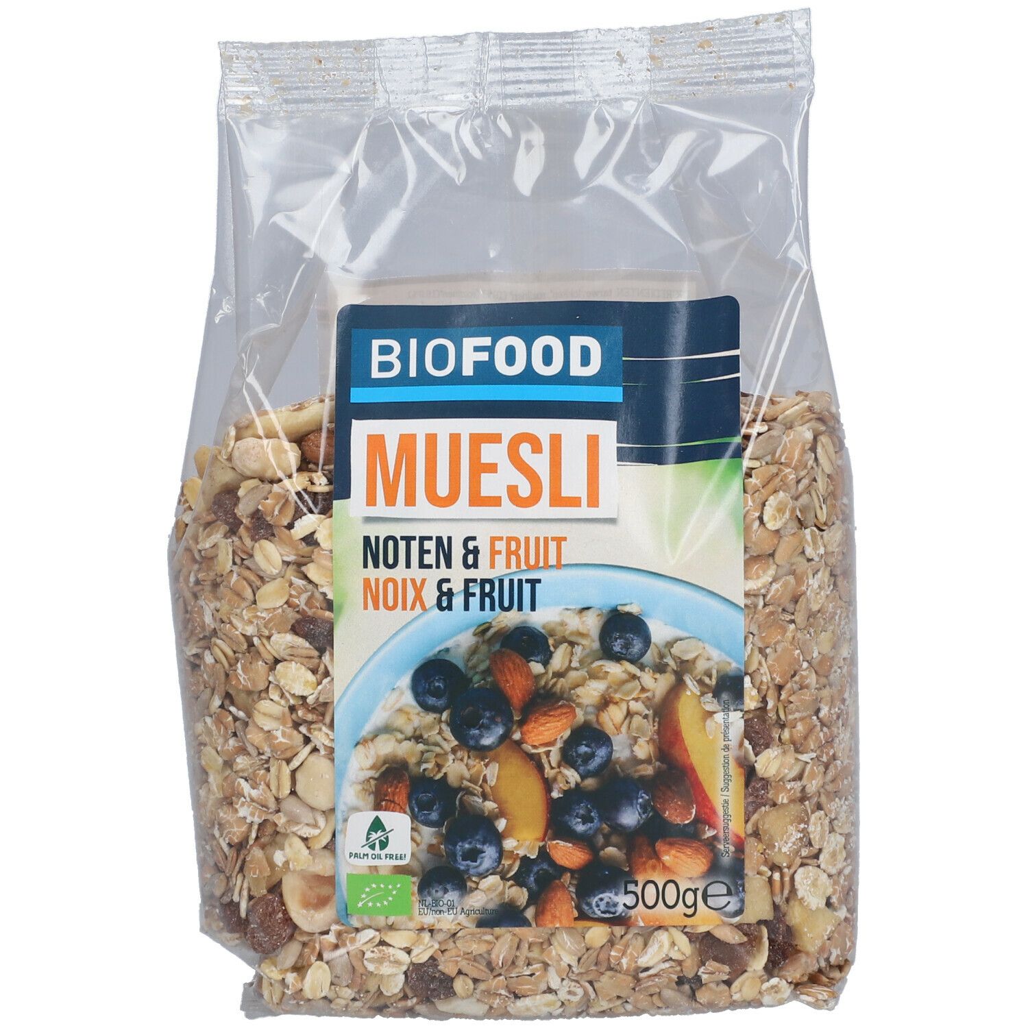 BIOFOOD Müsli Nuss & Frucht BIO in transparenter Verpackung. Aufdruck mit Produktname, Zutaten und Bio-Siegel. Inhalt: 500g.