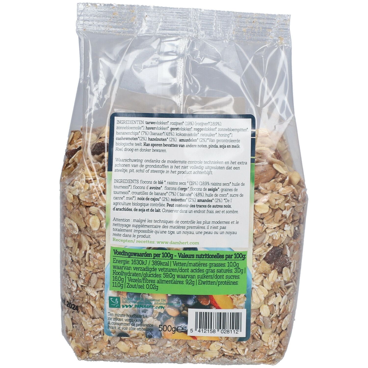 Rückseite der BIOFOOD Müsli Nuss & Frucht BIO Verpackung. Zutatenliste, Nährwertangaben und Bio-Siegel sind sichtbar.