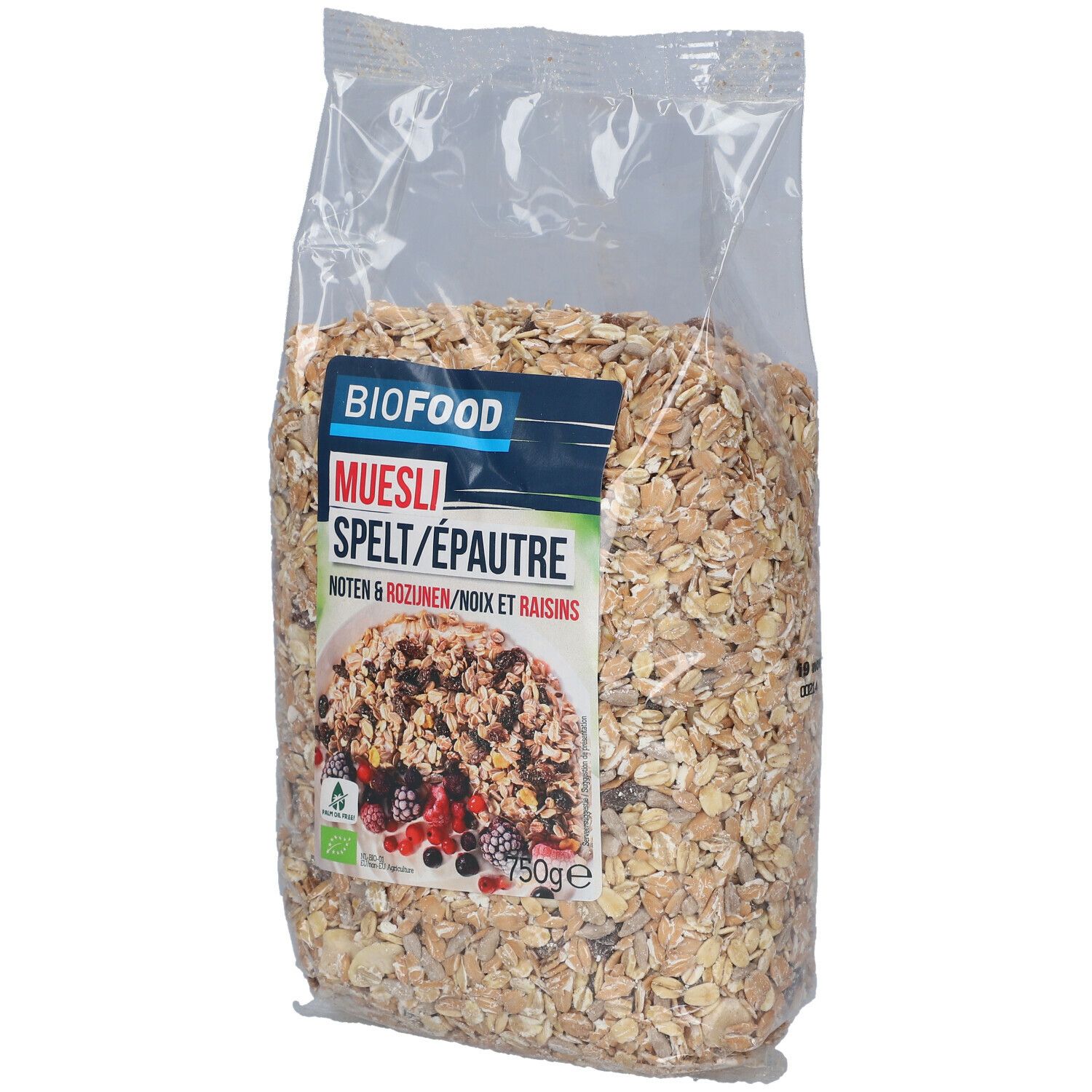BIOFOOD muesli in transparante verpakking. Opschrift: Muesli, spelt, walnoten, rozijnen. Bio-keurmerk. 750g.