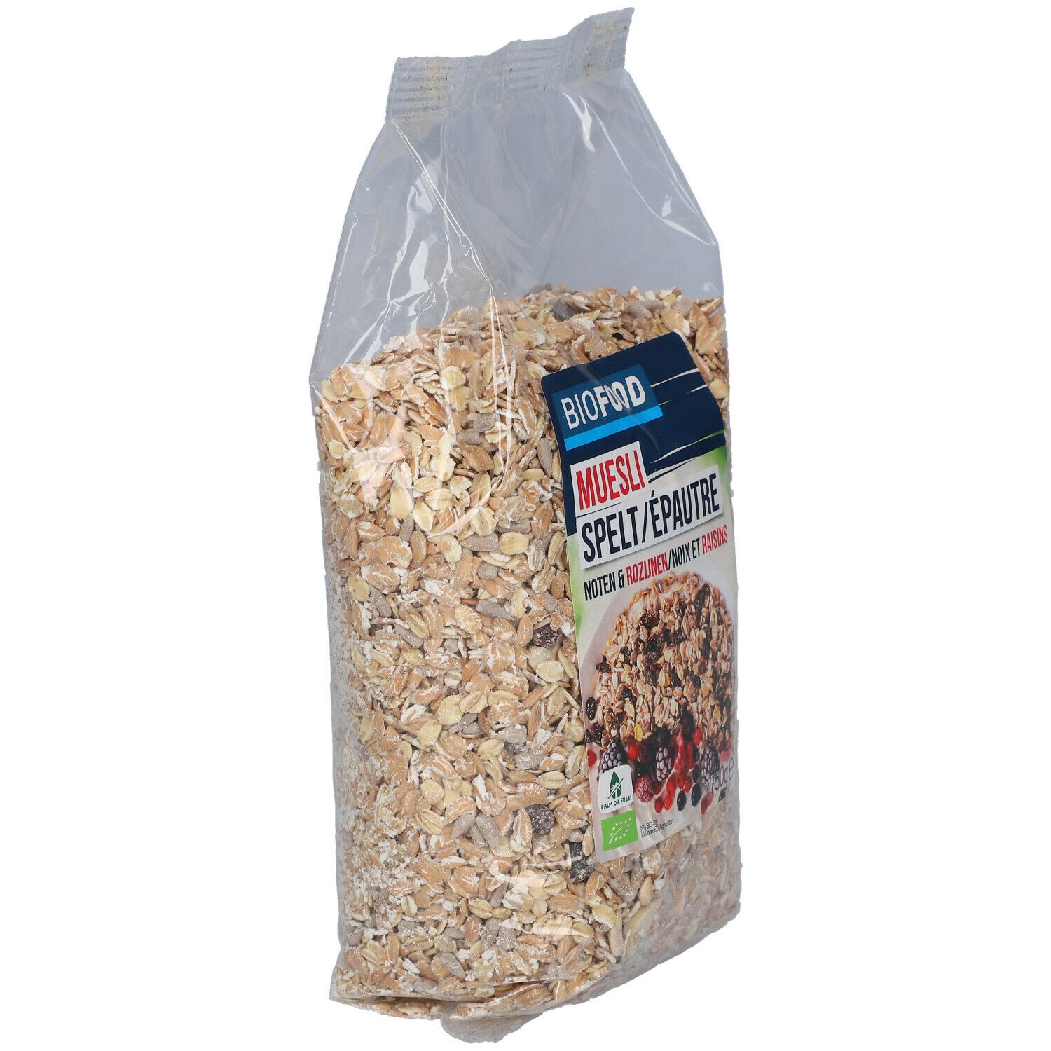 BIOFOOD muesli in transparante verpakking. Opschrift: Muesli, spelt, walnoten, rozijnen. Bio-keurmerk. 750g.