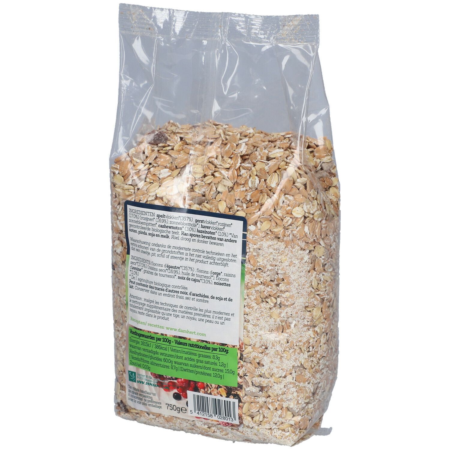Achterkant van de muesliverpakking. Ingrediëntenlijst, voedingswaarde, bio-keurmerk. 750g. BIOFOOD muesli.