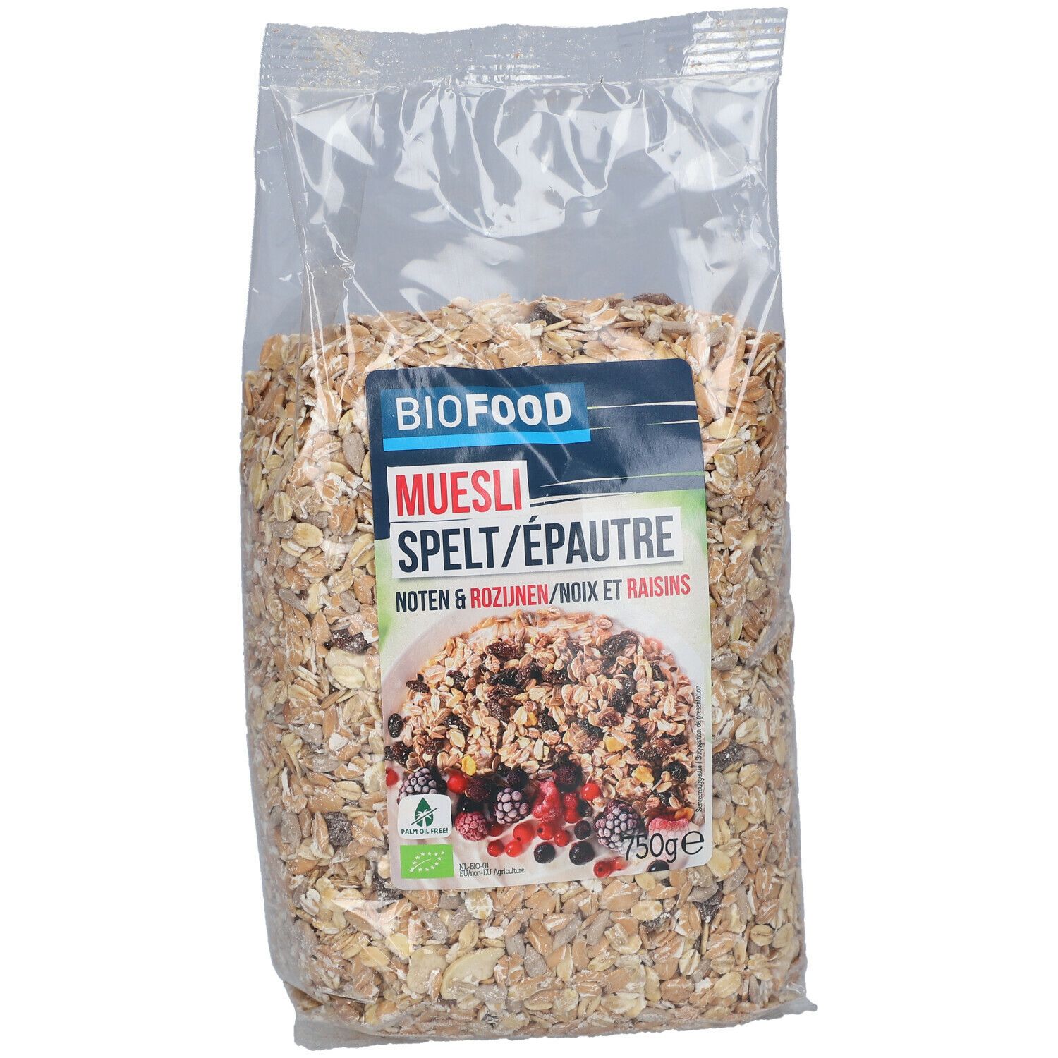 BIOFOOD muesli in transparante verpakking. Opschrift: Muesli, spelt, walnoten, rozijnen. Bio-keurmerk. 750g.