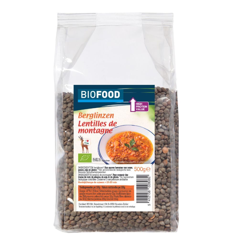 Transparante zak Biofood BergLinzen. Label met afbeelding, tekst en logo. Bevat 500g.
