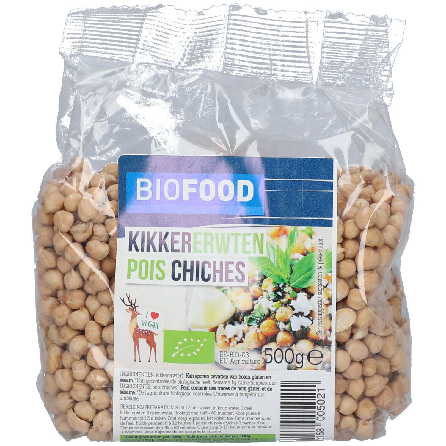 Transparante zak met kikkererwten. Etiket met BIOFOOD-logo, tekst en afbeelding van kikkererwten. 500g-aanduiding.
