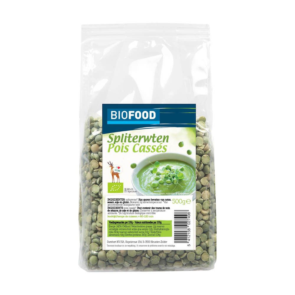 BIOFOOD Kasselerbsen BIO in transparante verpakking. Bedrukking met productnaam, logo en voedingswaarde-informatie. Bevat groene erwten.
