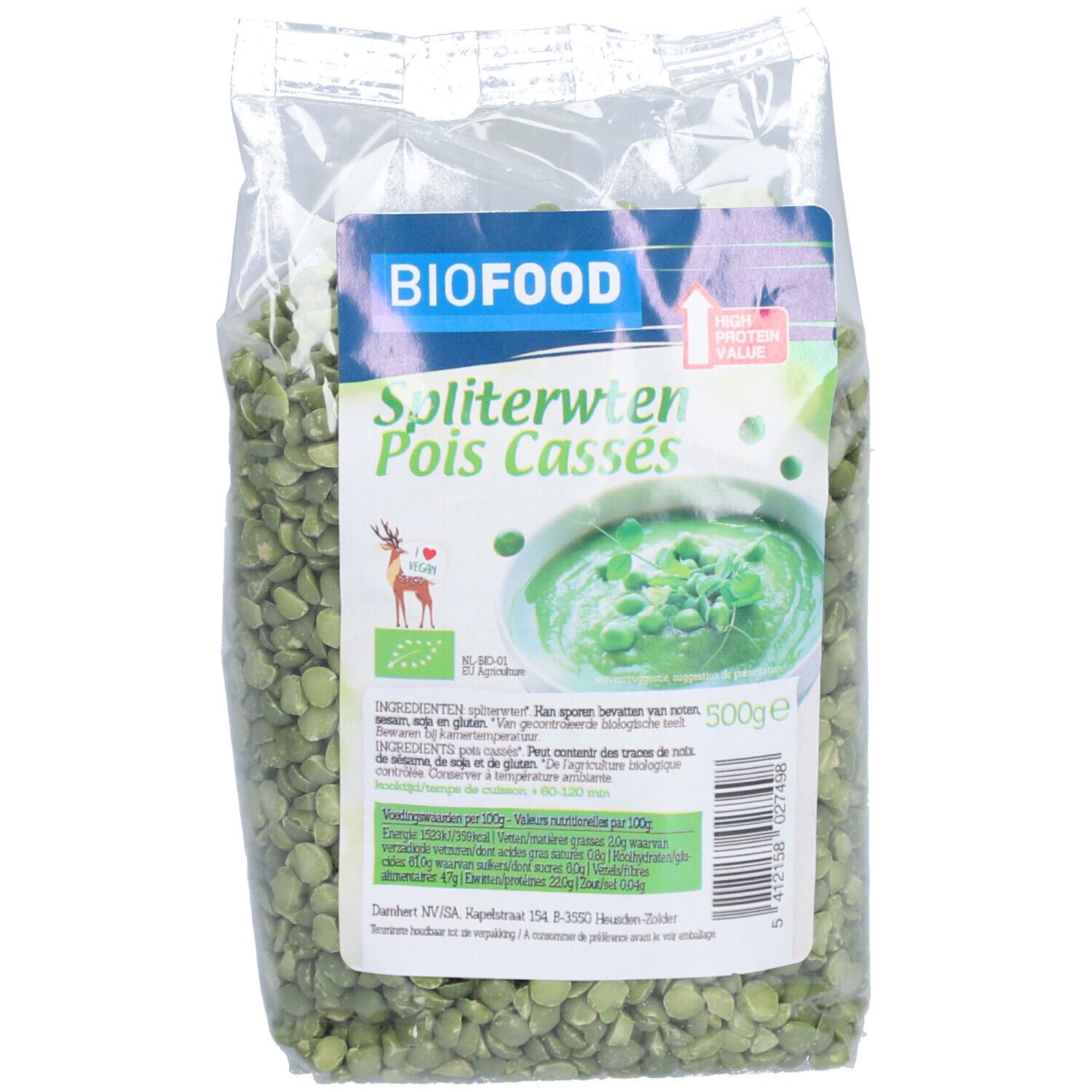 BIOFOOD Kasselerbsen BIO in transparante verpakking. Bedrukking met productnaam, logo en voedingswaarde-informatie. Bevat groene erwten.