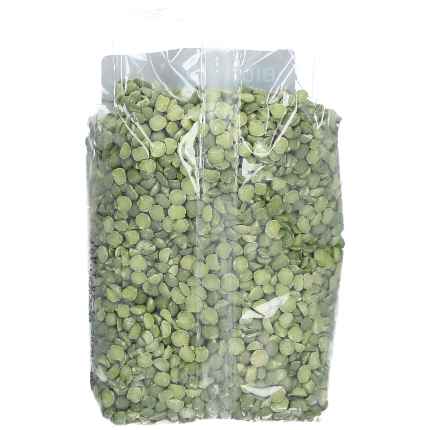 Transparante verpakking met groene, gedroogde erwten. De zak is gevuld en toont de erwten duidelijk.