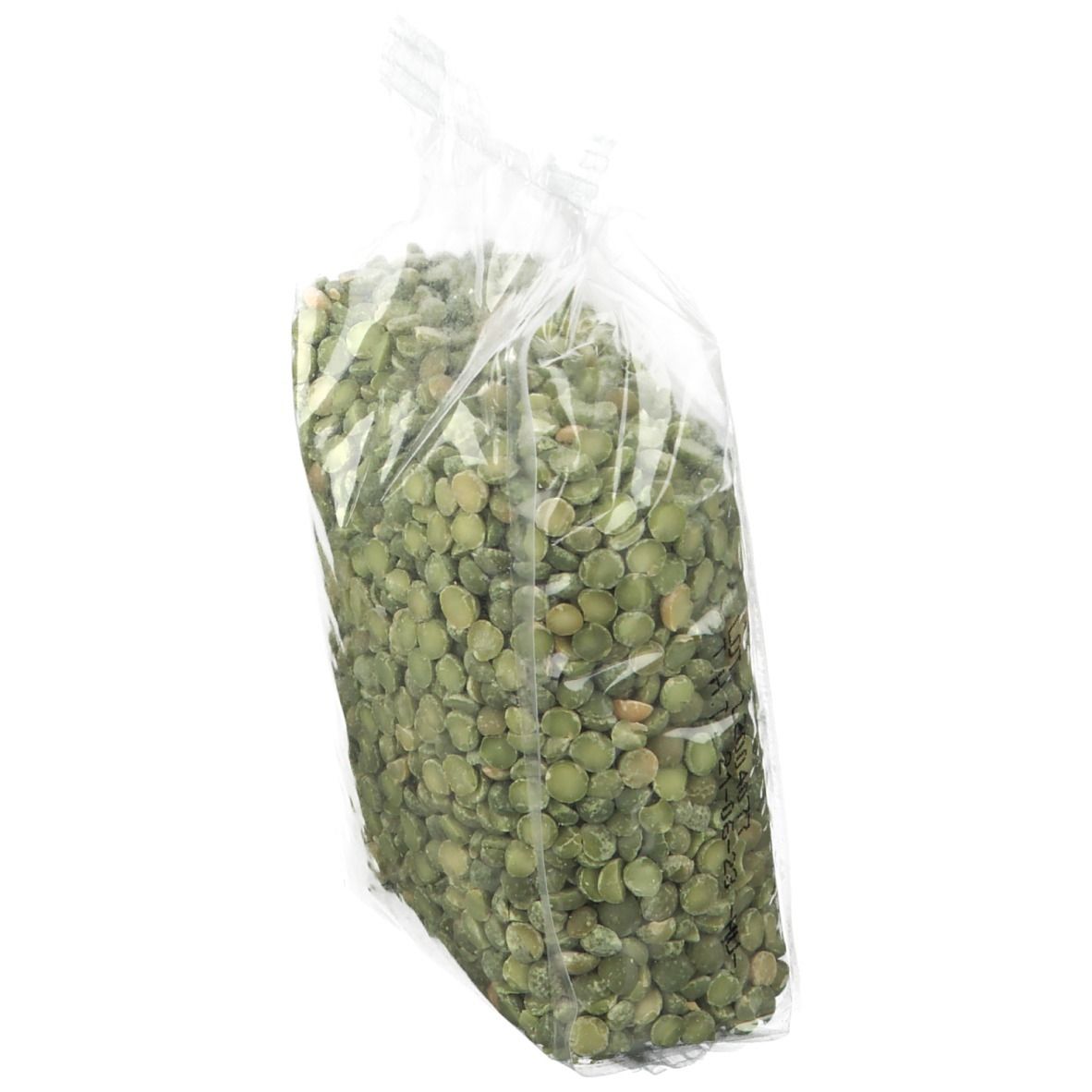 Transparante verpakking met groene, gedroogde erwten. De zak is gevuld en lichtjes schuin geplaatst.