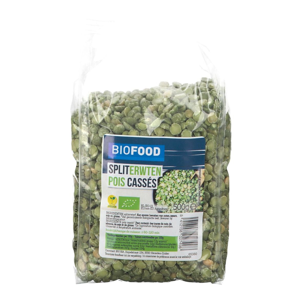 BIOFOOD Kasselerbsen BIO in transparante verpakking. Bedrukking met productnaam, logo en voedingswaarde-informatie. Bevat groene erwten.