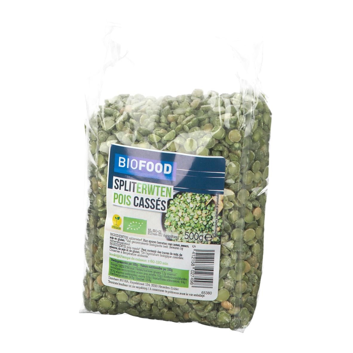 BIOFOOD Kasselerbsen BIO in transparante verpakking. Bedrukking met productnaam, logo en voedingswaarde-informatie. Bevat groene erwten.