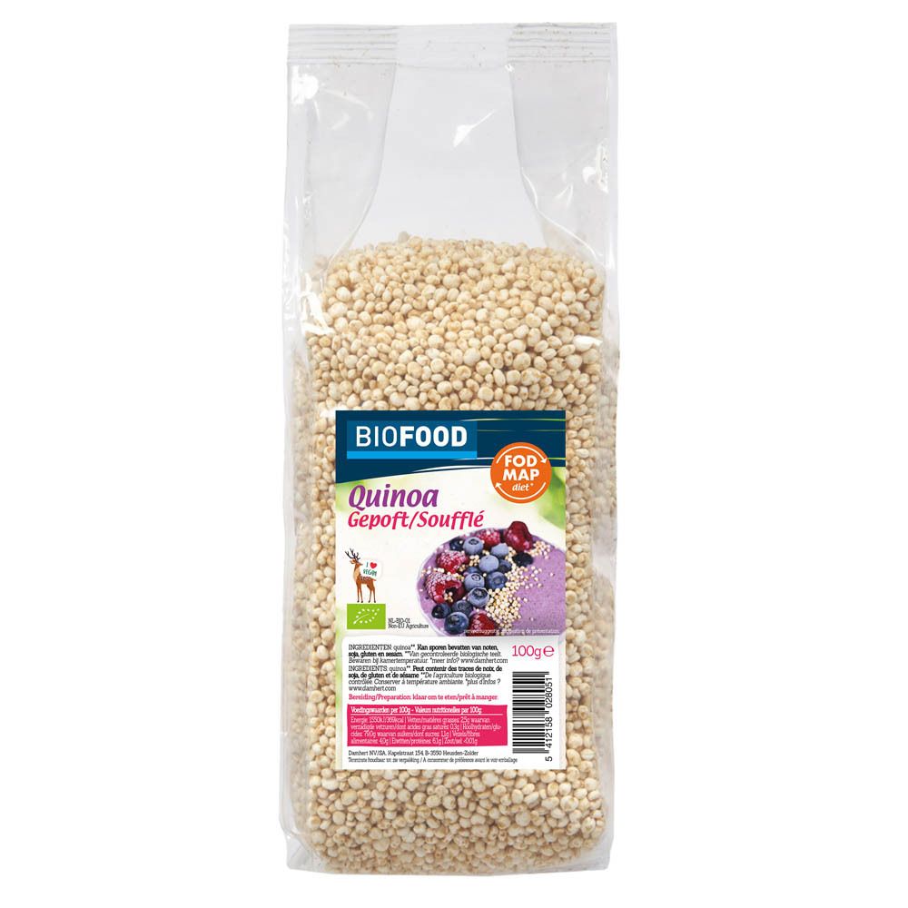 Gepuffter Quinoa in transparenter Verpackung. BIOFOOD-Etikett mit Produktbezeichnung und Nährwertangaben.