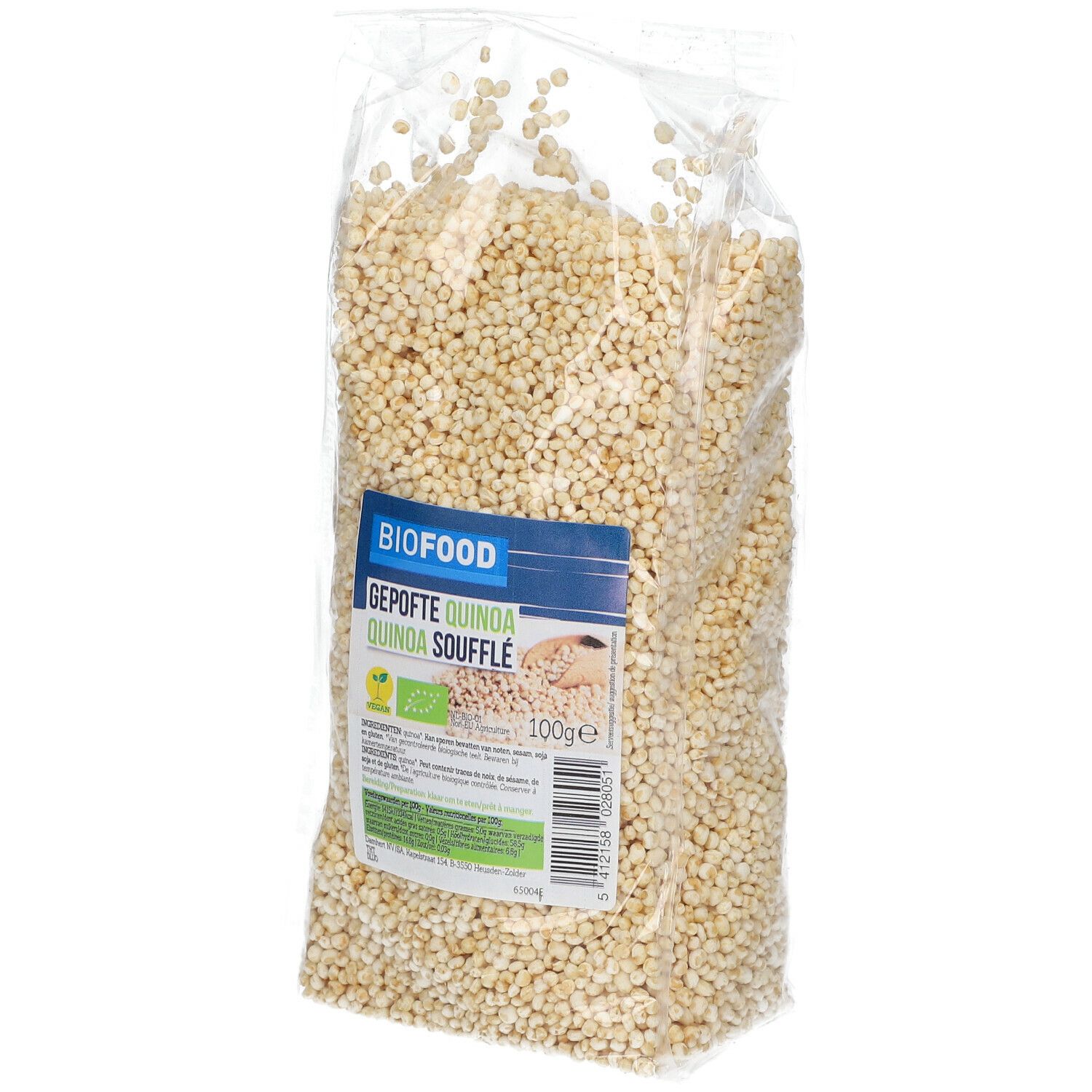 Gepuffter Quinoa in transparenter Verpackung. BIOFOOD-Etikett mit Produktbezeichnung und Nährwertangaben.