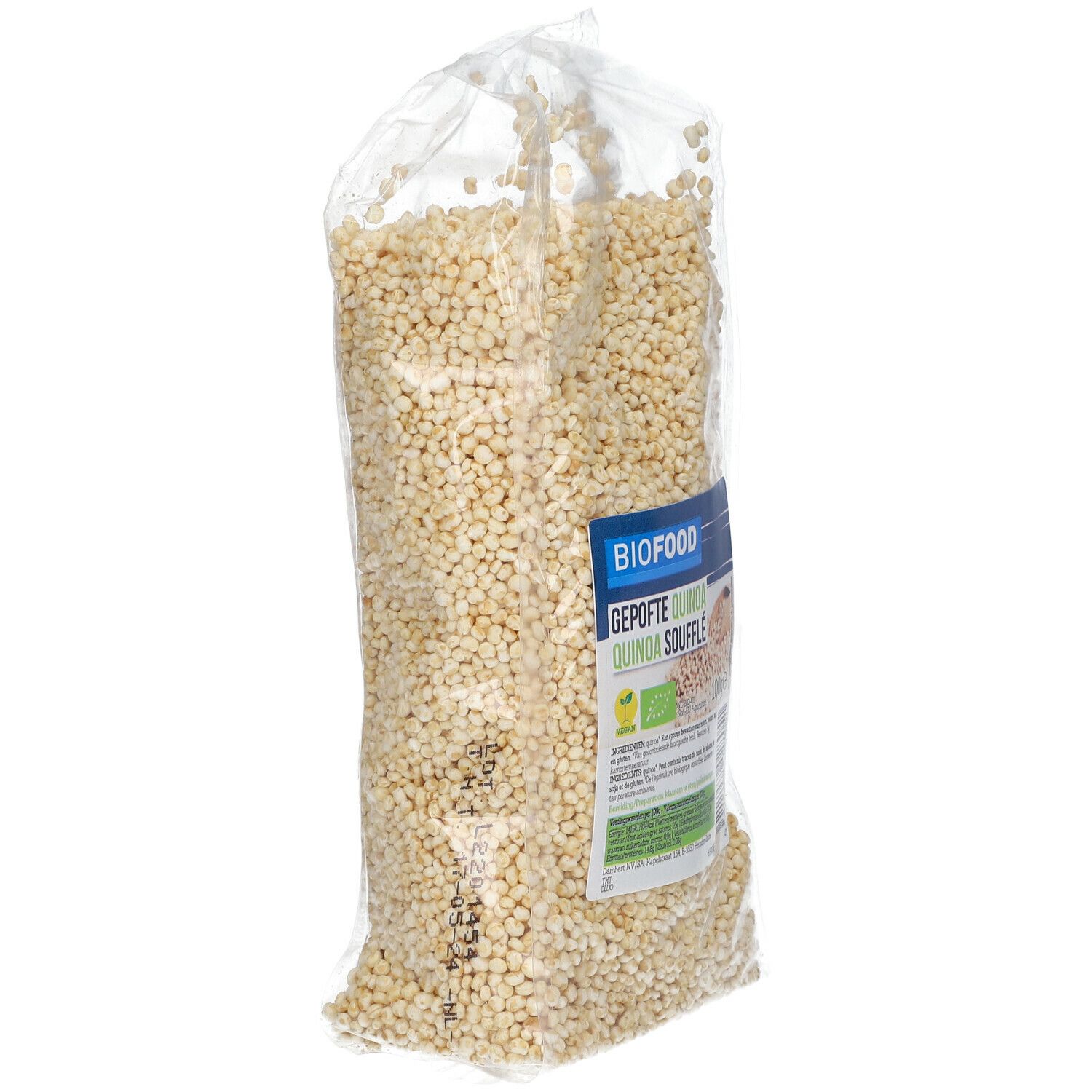 Gepuffter Quinoa in transparenter Verpackung. BIOFOOD-Etikett mit Produktbezeichnung und Nährwertangaben.