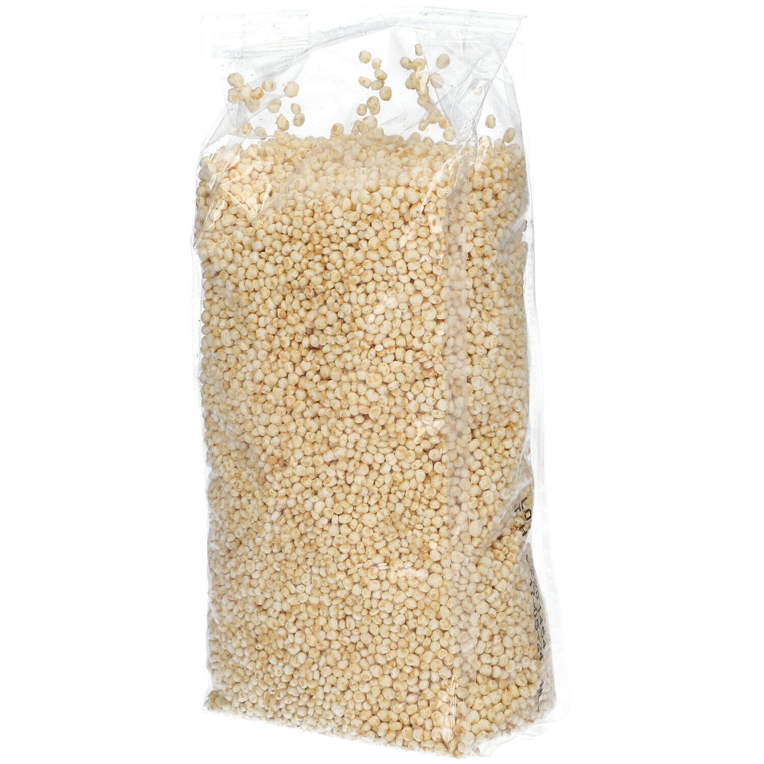 Gepuffter Quinoa in transparenter Verpackung. Produkt ist sichtbar. Keine weiteren Details.