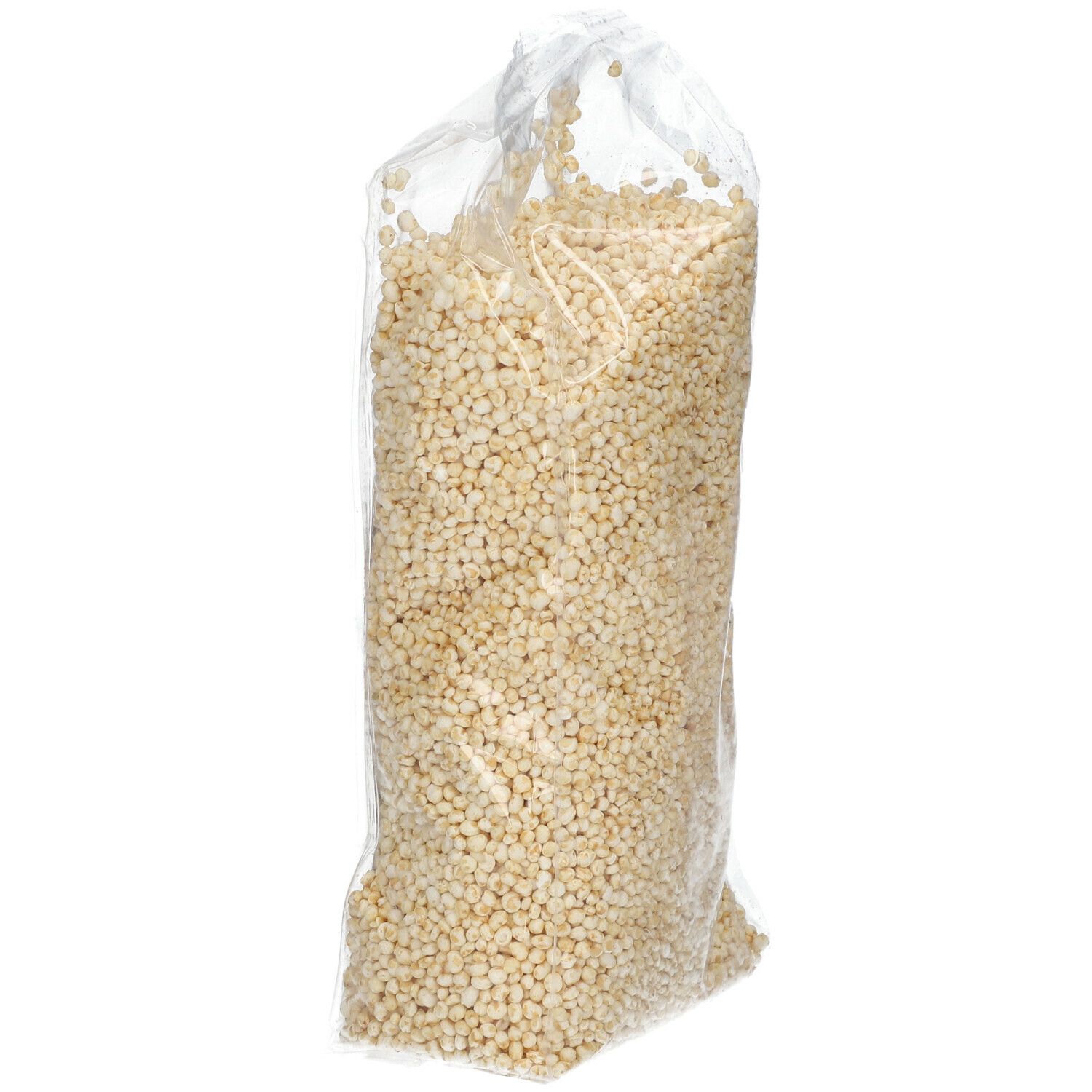 Gepuffter Quinoa in transparenter Verpackung. Produkt ist sichtbar. Keine weiteren Details.
