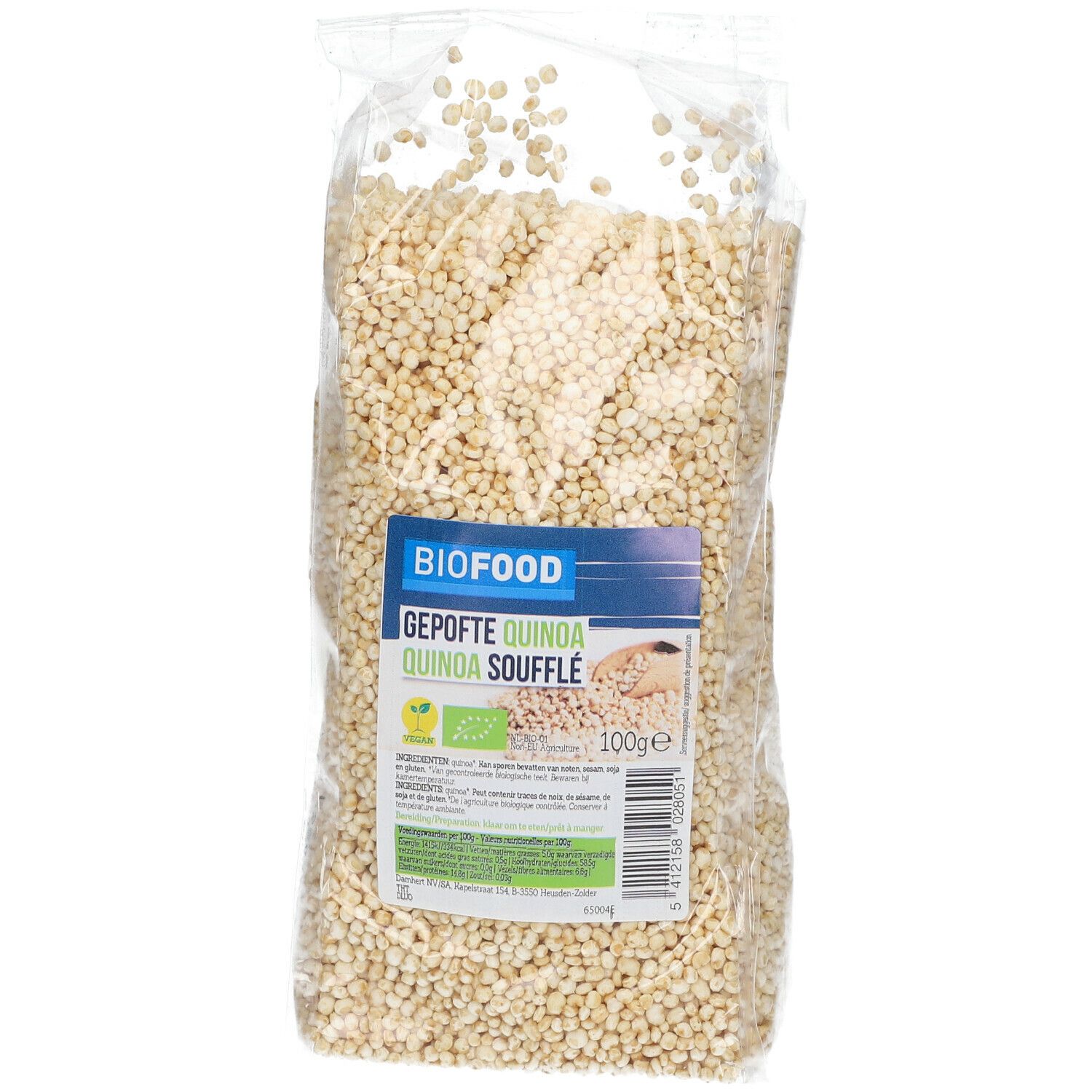 Gepuffter Quinoa in transparenter Verpackung. BIOFOOD-Etikett mit Produktbezeichnung und Nährwertangaben.