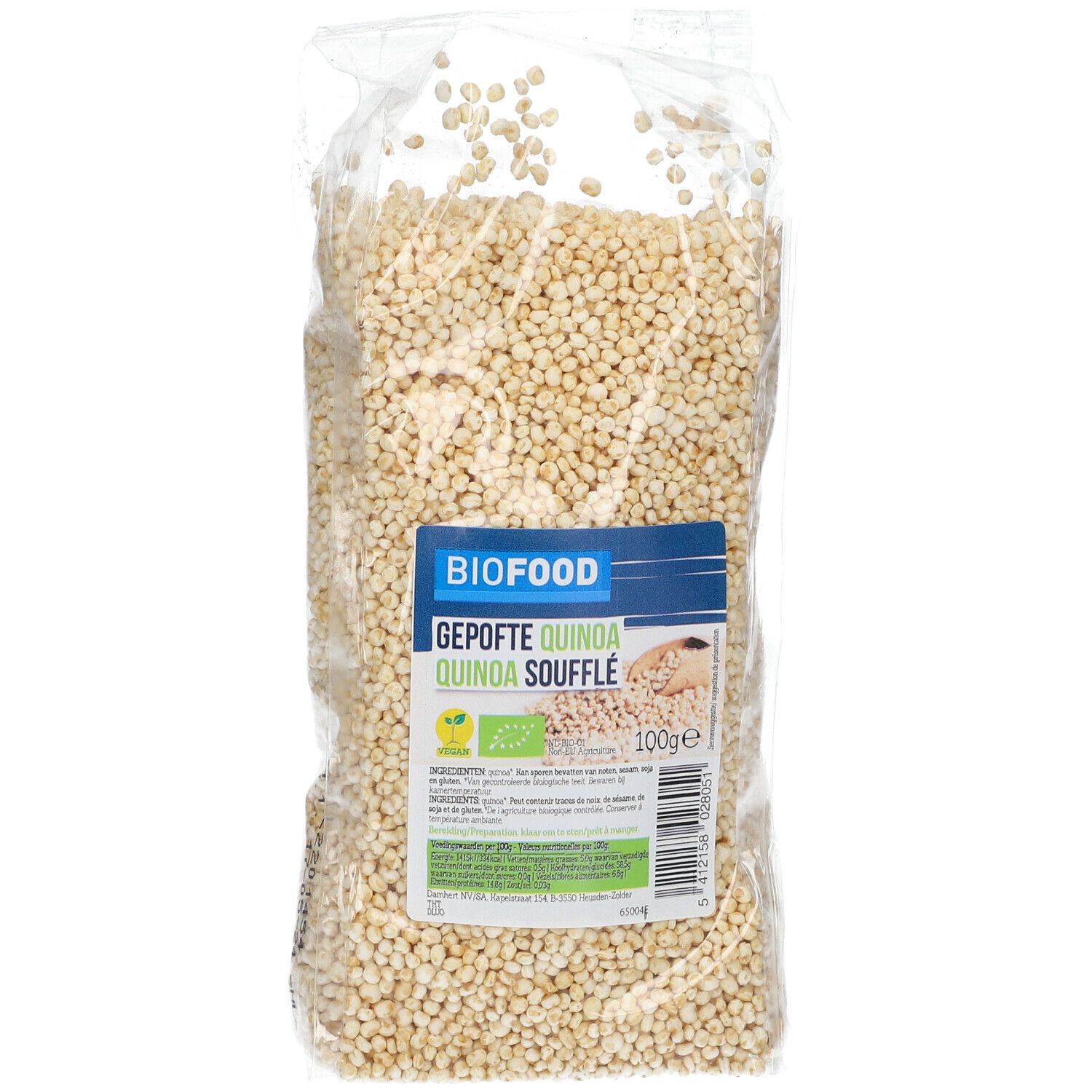 Gepuffter Quinoa in transparenter Verpackung. BIOFOOD-Etikett mit Produktbezeichnung und Nährwertangaben.