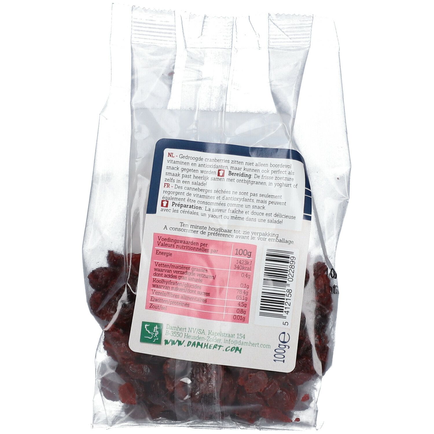 Rückseite einer transparenten Tüte mit Cranberries. Etikett mit Nährwertangaben und Text in mehreren Sprachen.
