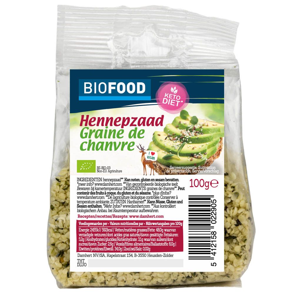 Graines de chanvre BIOFOOD en sachet transparent. Inscription du nom du produit, illustration d'avocat et logo Keto Diet. 100g.