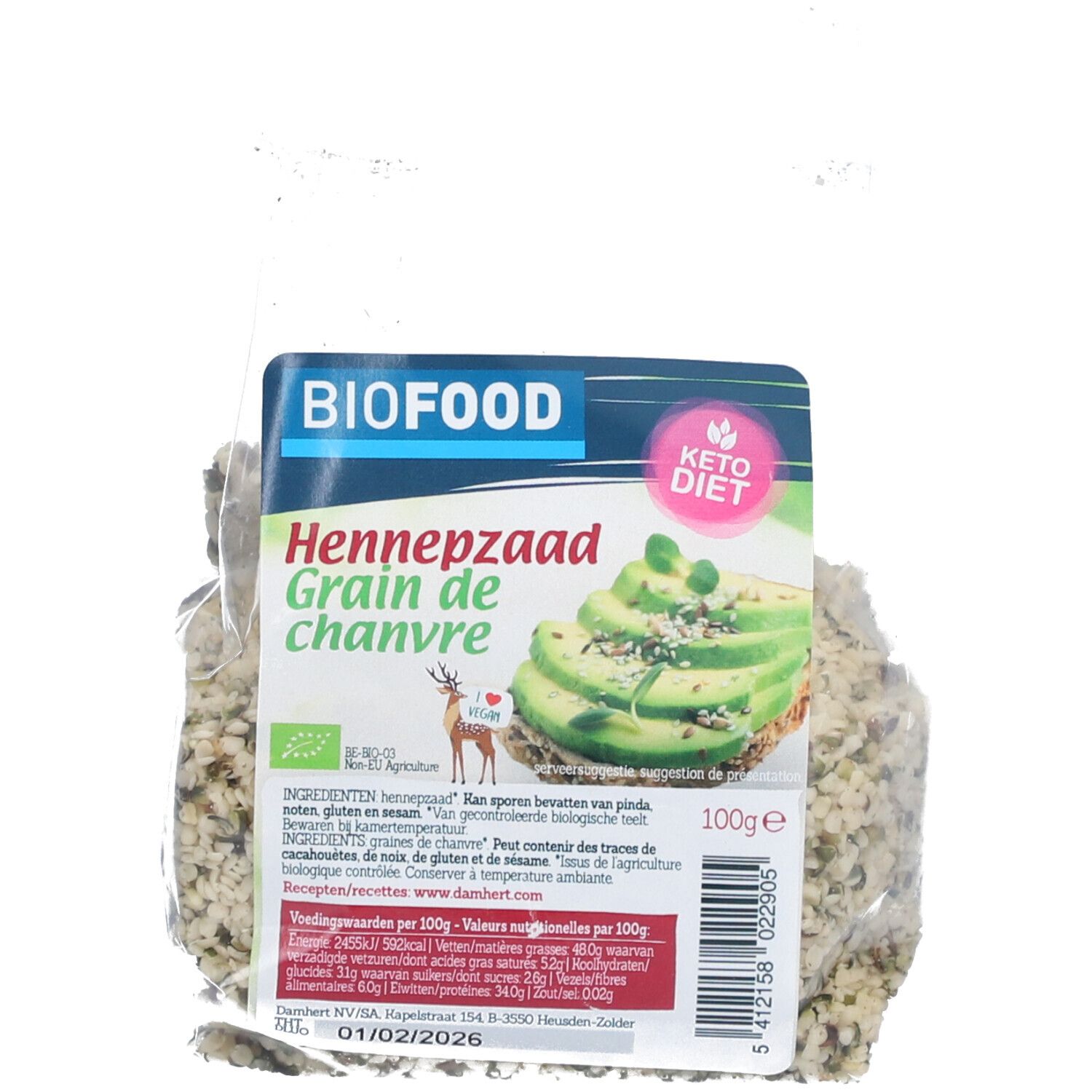 Graines de chanvre BIOFOOD en sachet transparent. Inscription du nom du produit, illustration d'avocat et logo Keto Diet. 100g.