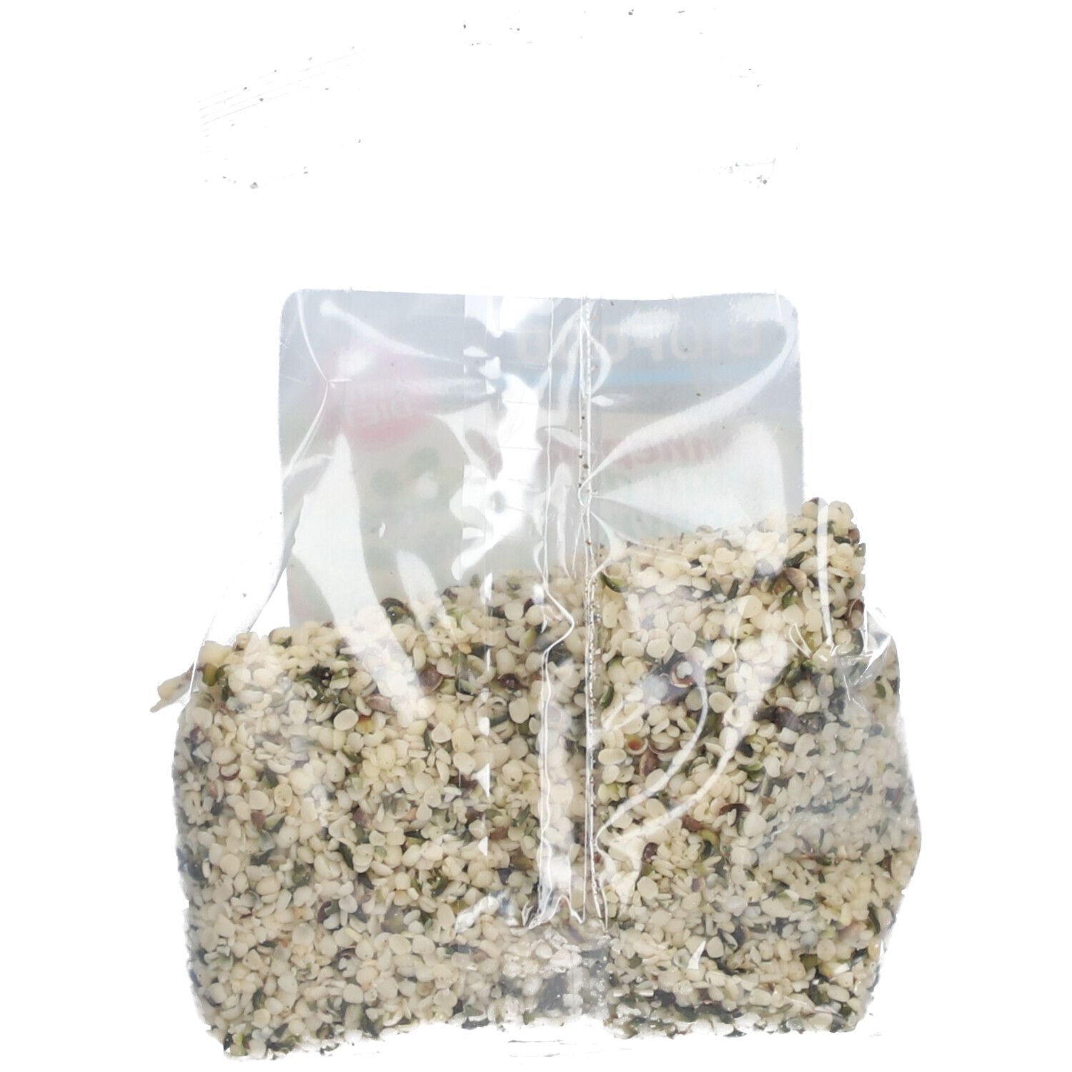 Emballage transparent contenant des graines de chanvre BIOFOOD. Contenu visible, produit emballé dans un sachet.