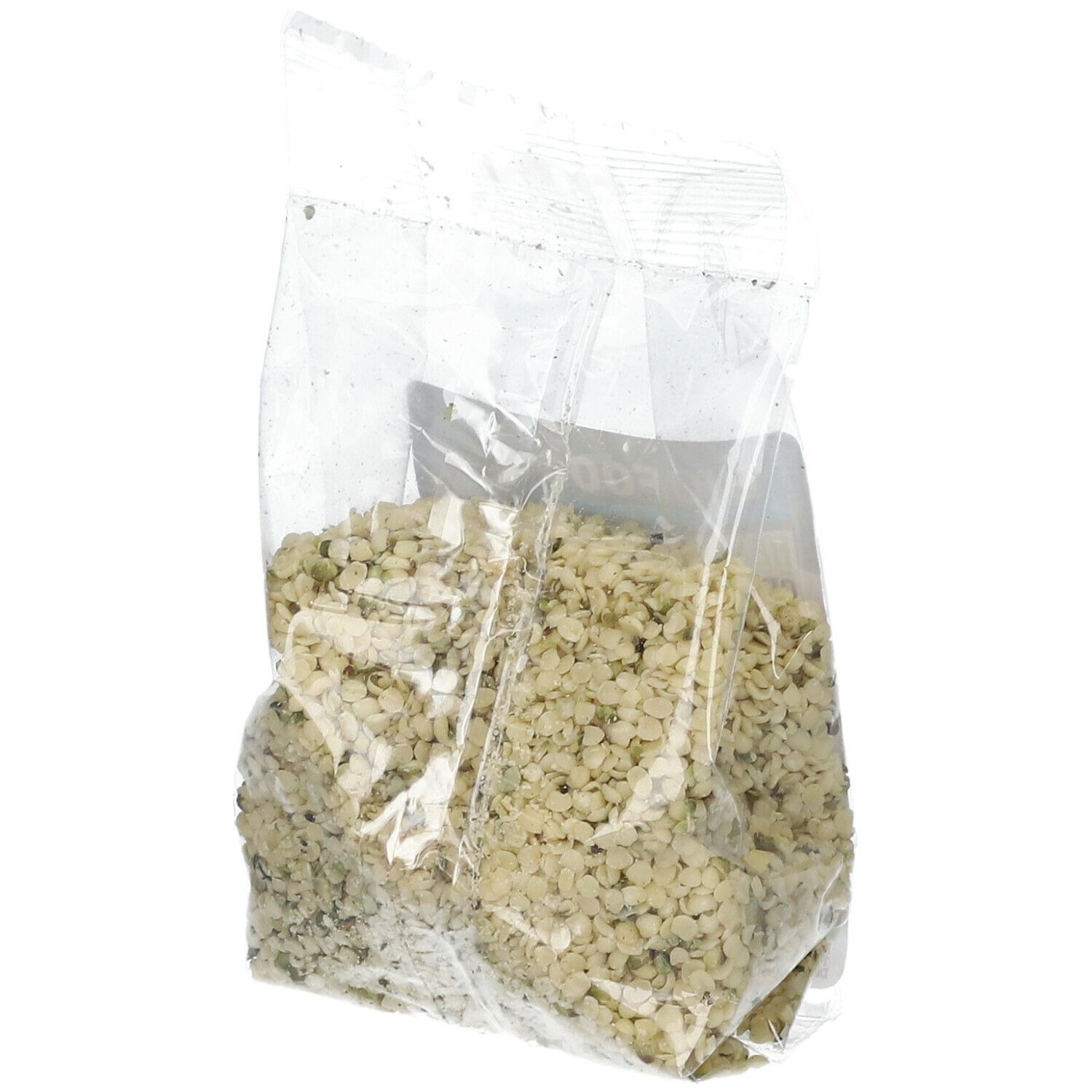 Emballage transparent contenant des graines de chanvre BIOFOOD. Produit emballé dans un sachet, légèrement en biais.