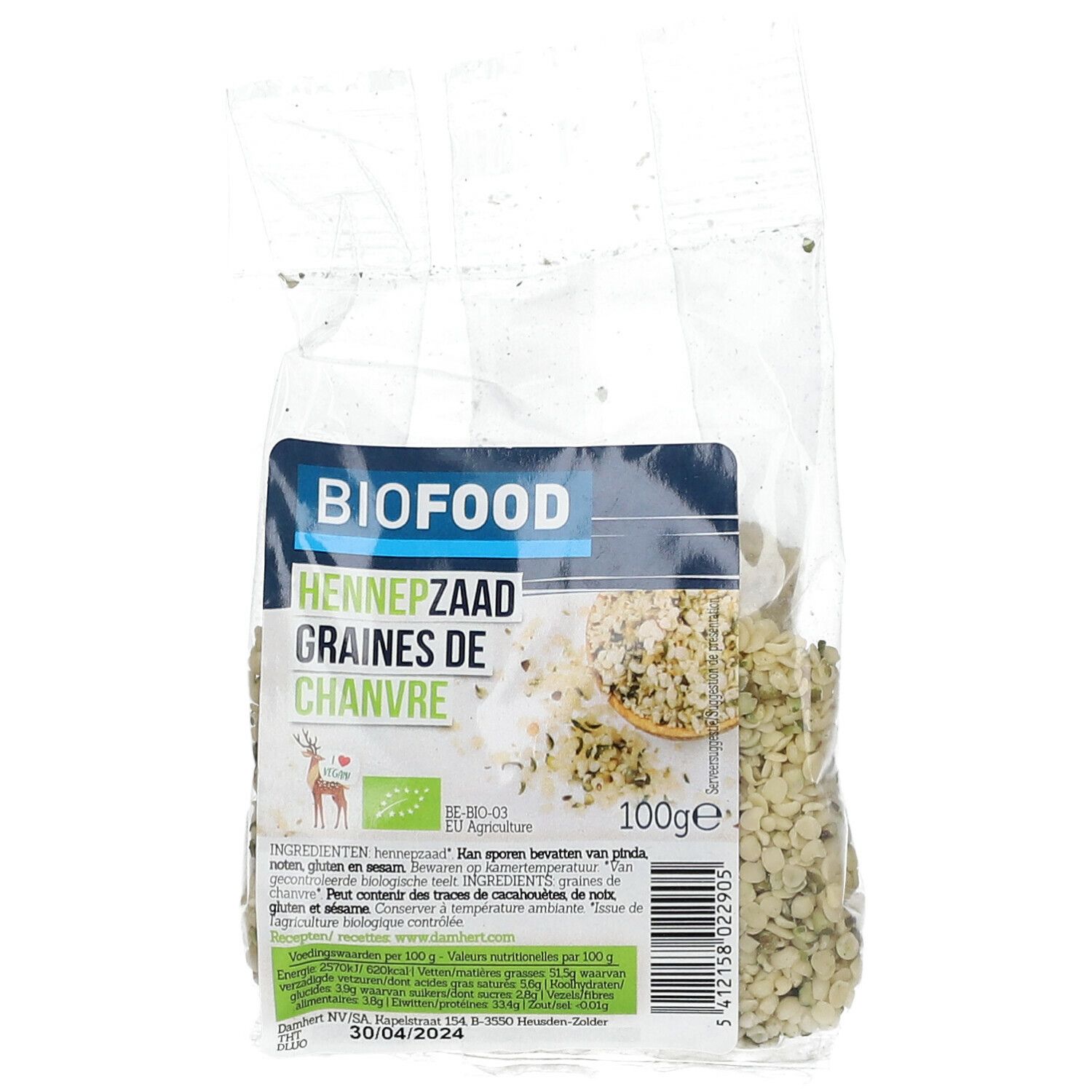 Graines de chanvre BIOFOOD en sachet transparent. Inscription du nom du produit et logo. 100g.