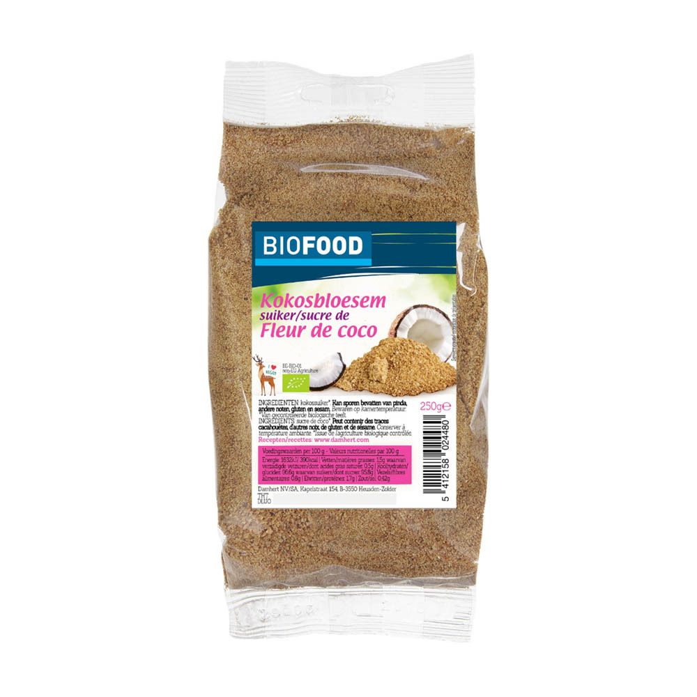 BIOFOOD kokosbloesemsuiker in transparante verpakking. Bedrukking met productnaam, kokosnoot-illustratie en bio-keurmerk. 250g.