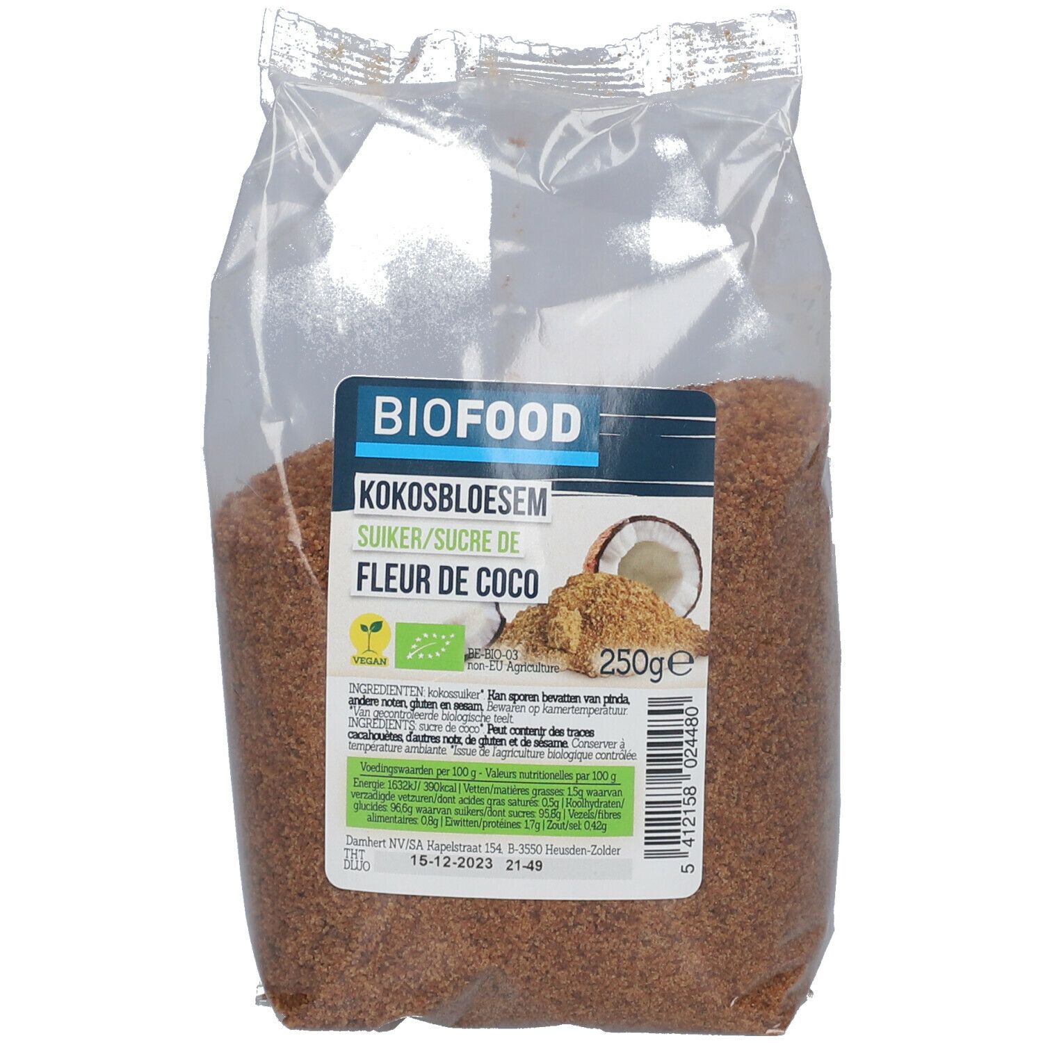 BIOFOOD kokosbloesemsuiker in transparante verpakking. Bedrukking met productnaam, kokosnoot-illustratie en bio-keurmerk. 250g.