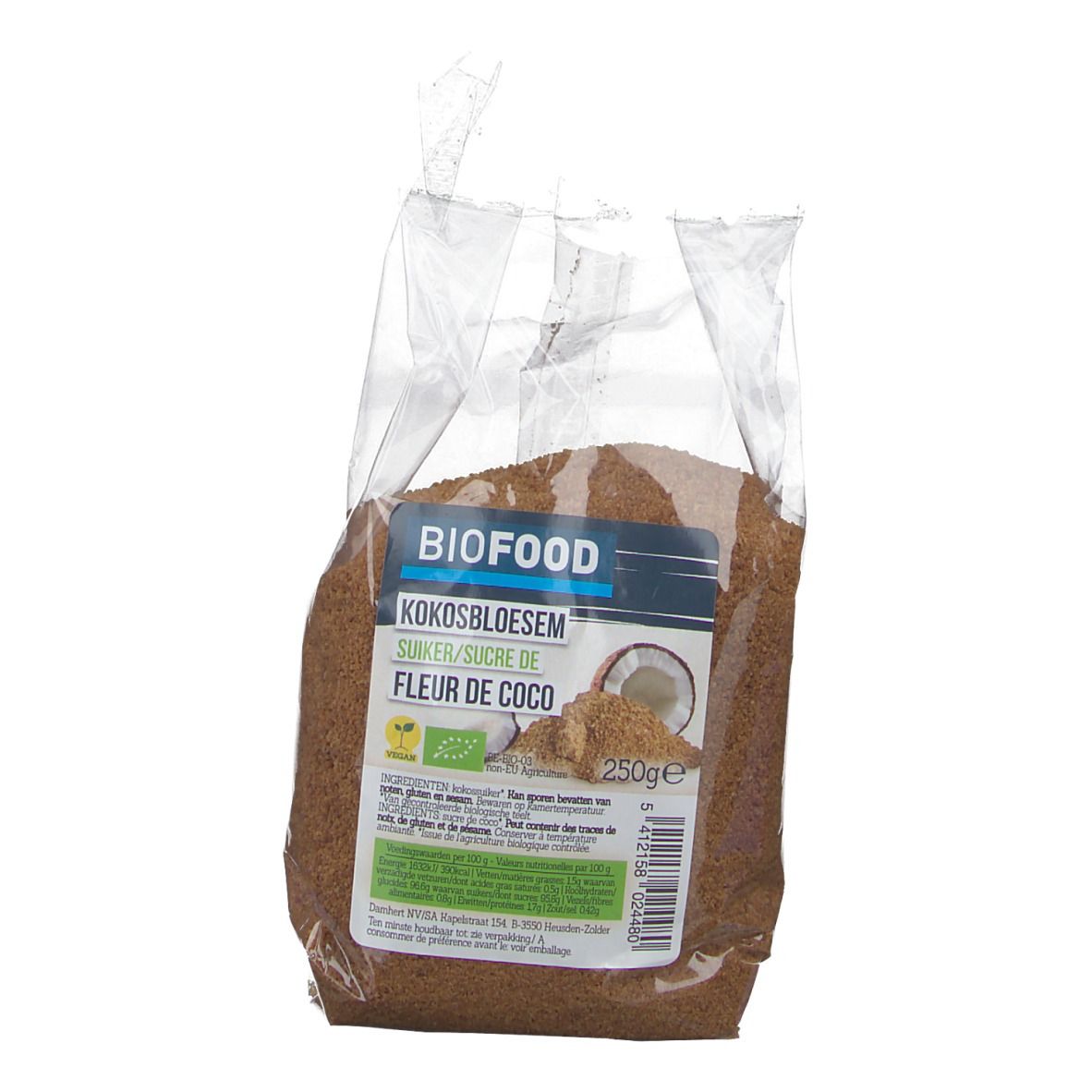 BIOFOOD kokosbloesemsuiker in transparante verpakking. Bedrukking met productnaam, kokosnoot-illustratie en bio-keurmerk. 250g.