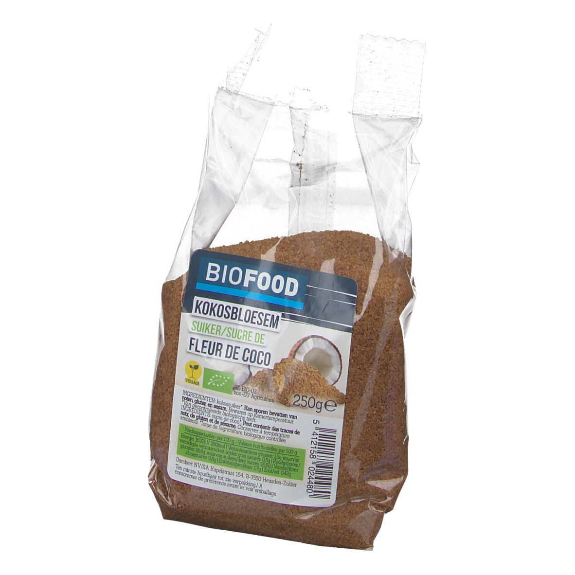 BIOFOOD kokosbloesemsuiker in transparante verpakking. Bedrukking met productnaam, kokosnoot-illustratie en bio-keurmerk. 250g.