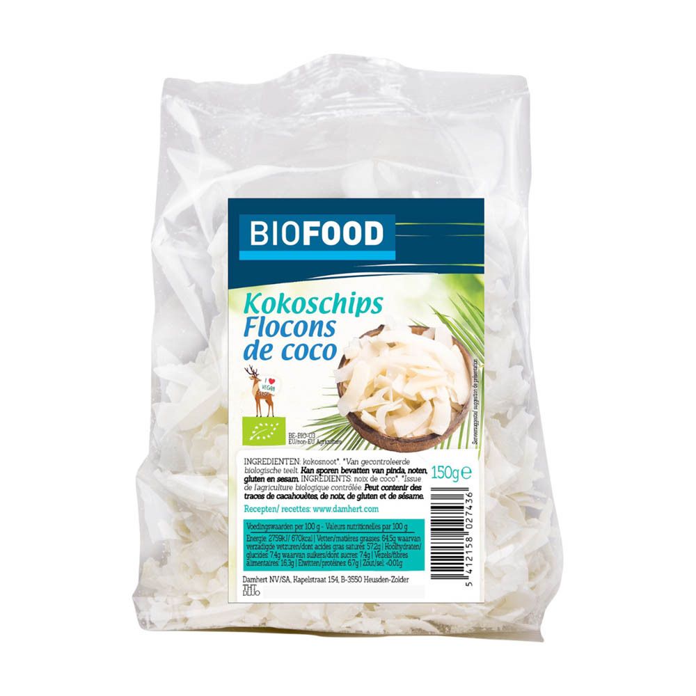 BIOFOOD Kokoschips in transparante verpakking. Etiket met productnaam, logo en voedingswaarde-informatie. Bio-keurmerk.