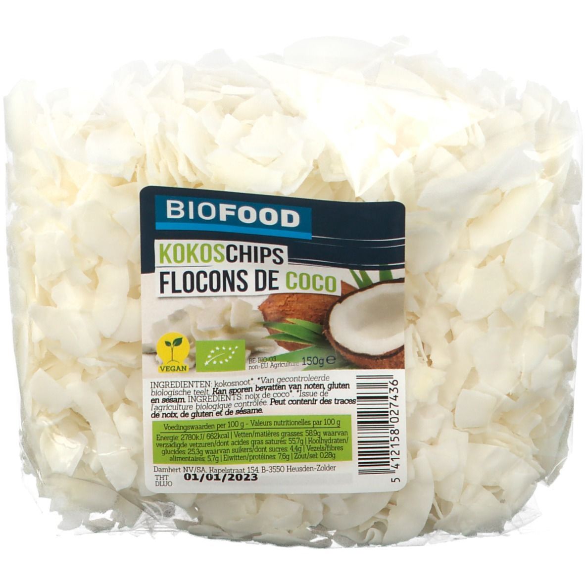BIOFOOD Kokoschips in transparante verpakking. Etiket met productnaam, logo en voedingswaarde-informatie. Bio-keurmerk.