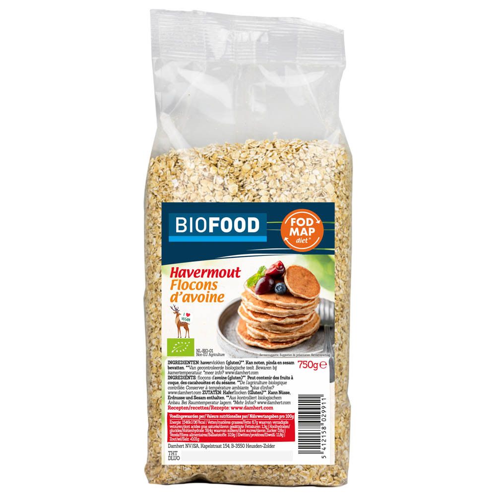 Flocons d'avoine BIOFOOD en sachet transparent. Étiquette avec nom du produit, logo et label FODMAP.