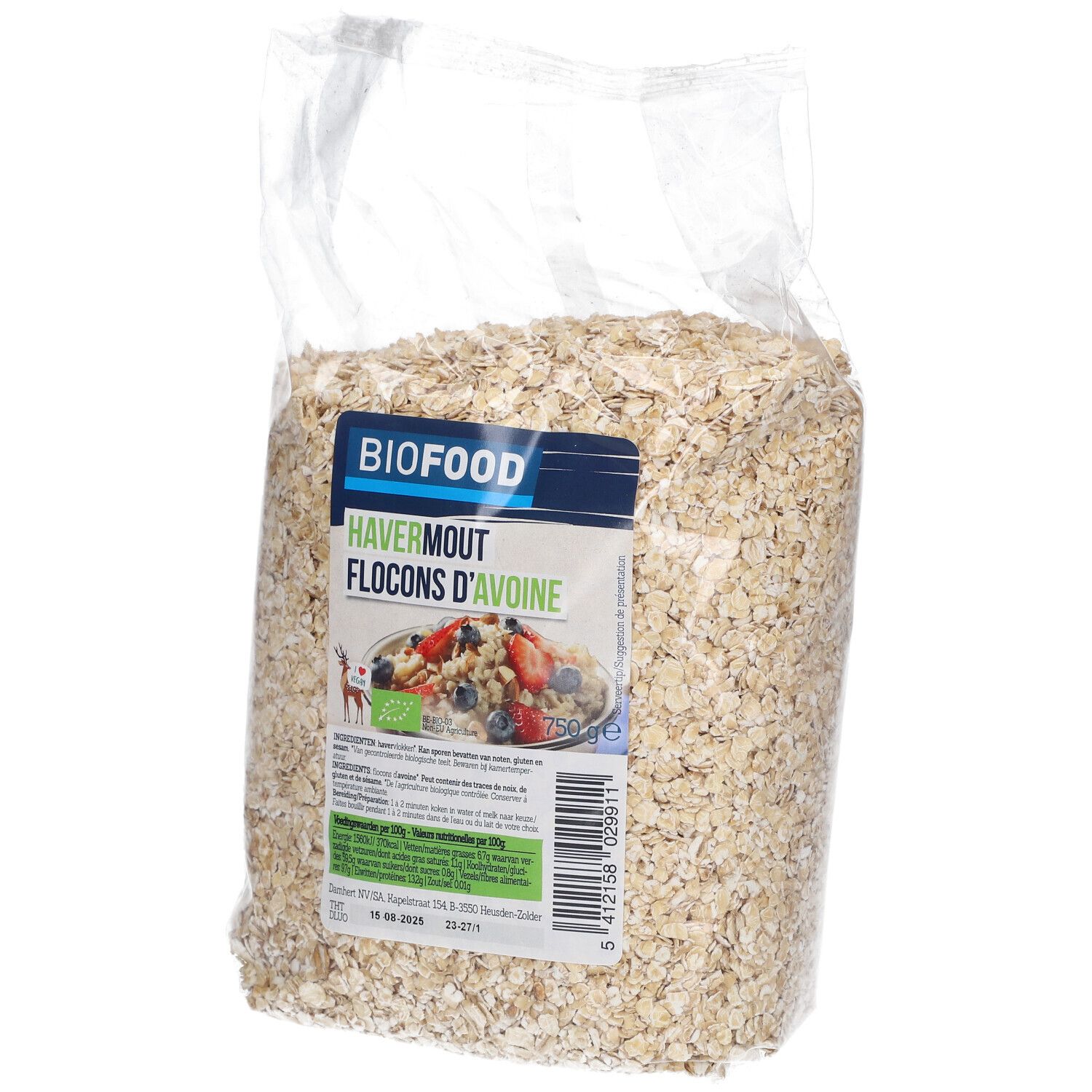 Flocons d'avoine BIOFOOD en sachet transparent. Étiquette avec nom du produit et logo. Contenu : flocons d'avoine.
