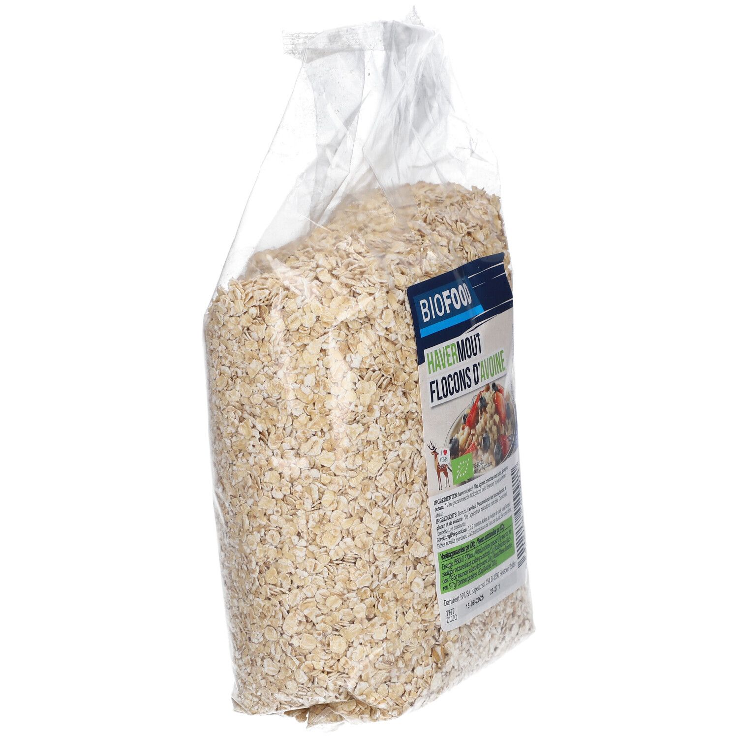 Flocons d'avoine BIOFOOD en sachet transparent, en biais. Étiquette avec nom du produit et logo.