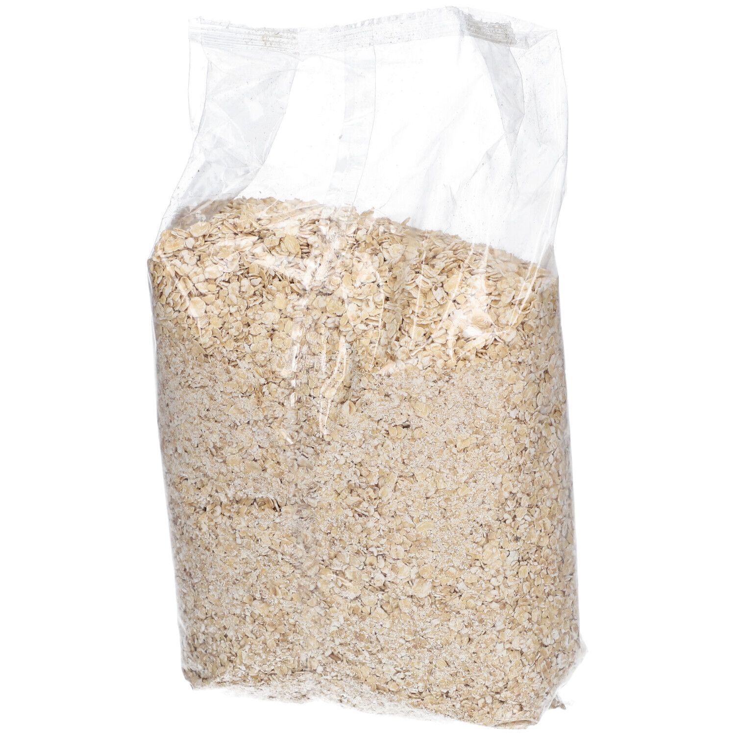 Flocons d'avoine BIOFOOD en sachet transparent. Vue de biais. Contenu : flocons d'avoine.