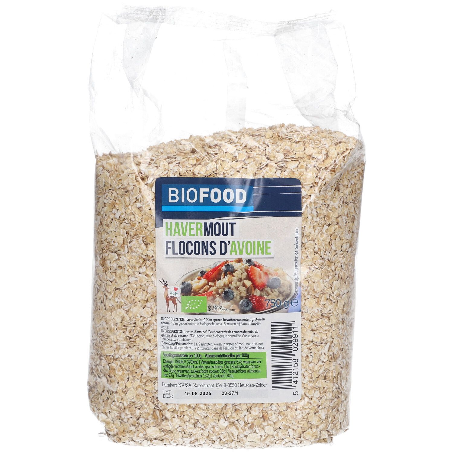 Flocons d'avoine BIOFOOD en sachet transparent. Étiquette avec nom du produit, logo et informations nutritionnelles.