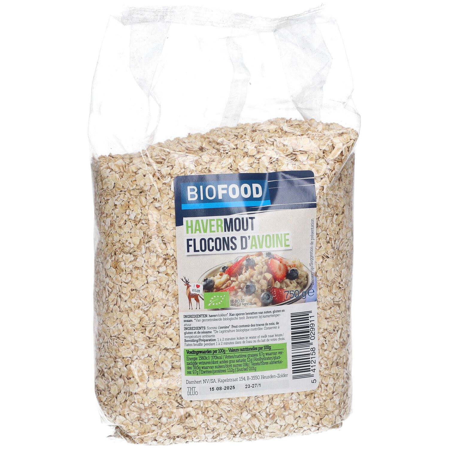 Flocons d'avoine BIOFOOD en sachet transparent. Étiquette avec nom du produit, logo et informations nutritionnelles.