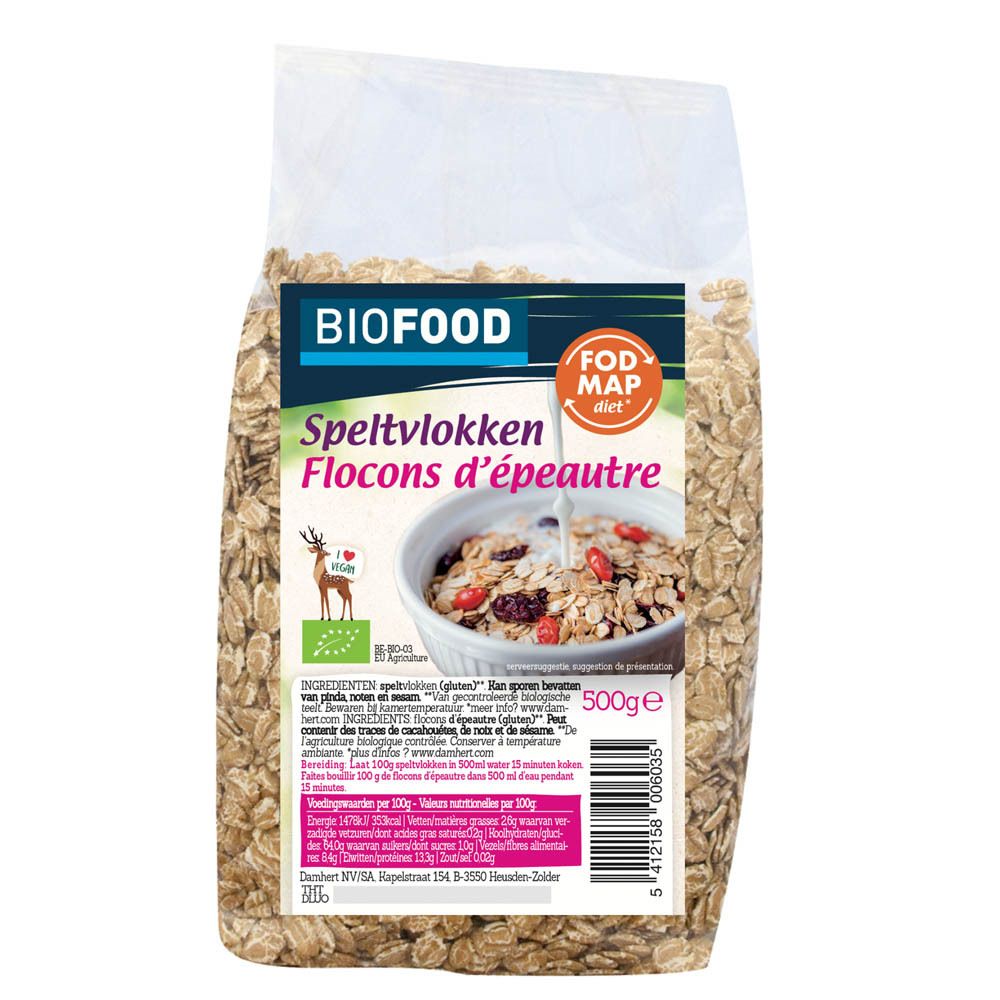 Sachet transparent de flocons d'épeautre BIOFOOD. Nom du produit, logo, label bio et signe du régime FODMAP. 500g.