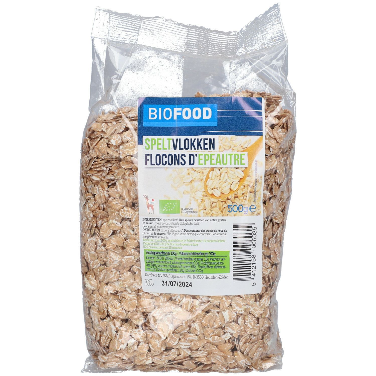 Sachet transparent de flocons d'épeautre BIOFOOD. Inscription du nom du produit, logo et label bio. DDM: 31/07/2024.