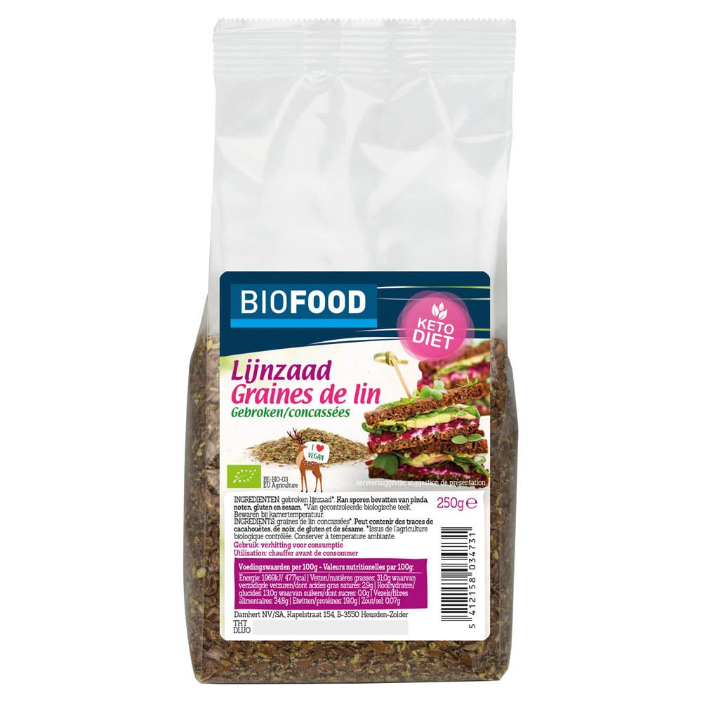 Verpackung mit Leinsamen. Aufschrift BIOFOOD, Lijnzaad gebroken/concassées, Graines de lin. Keto Diet-Logo. Bio-Zertifizierung.