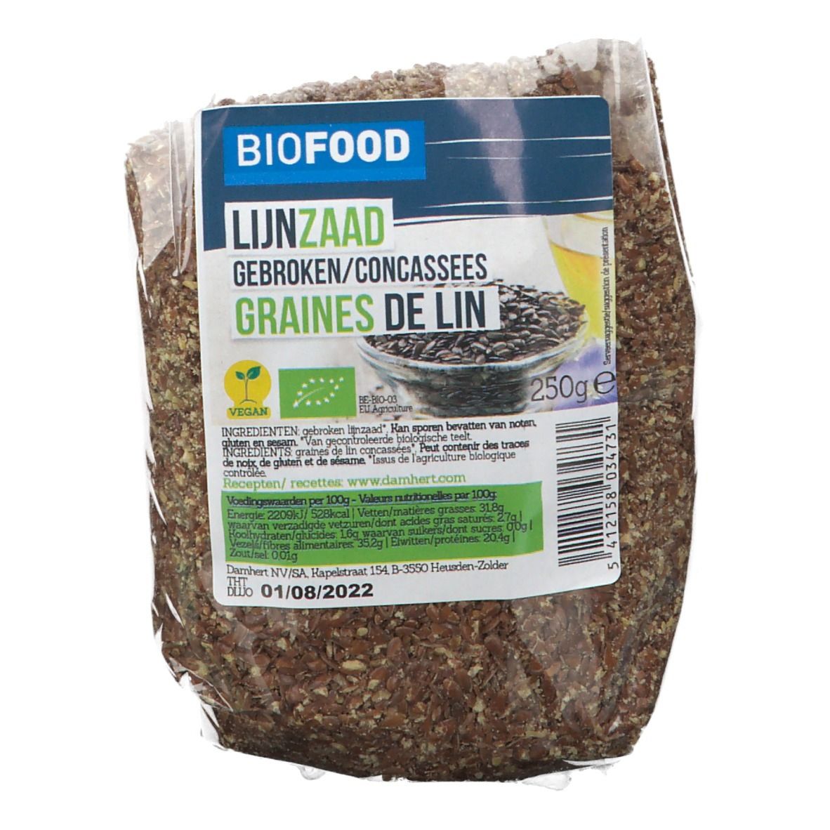 Verpackung mit Leinsamen. Aufschrift BIOFOOD, Lijnzaad gebroken/concassées, Graines de lin. Vegan-Siegel und Bio-Zertifizierung.