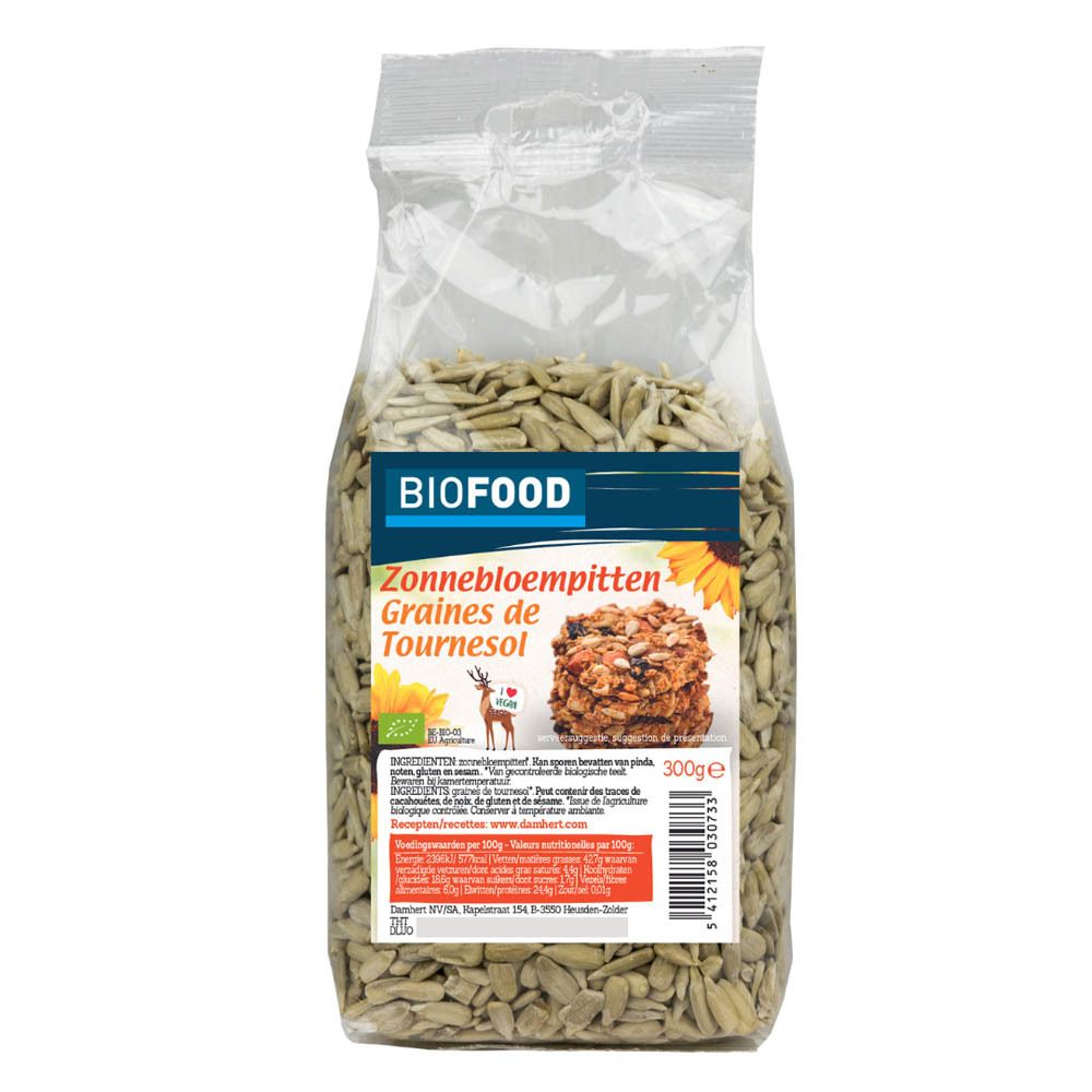 Transparante zak BIOFOOD zonnebloempitten. Opschriften: Zonnebloempitten, Graines de Tournesol, 300g.