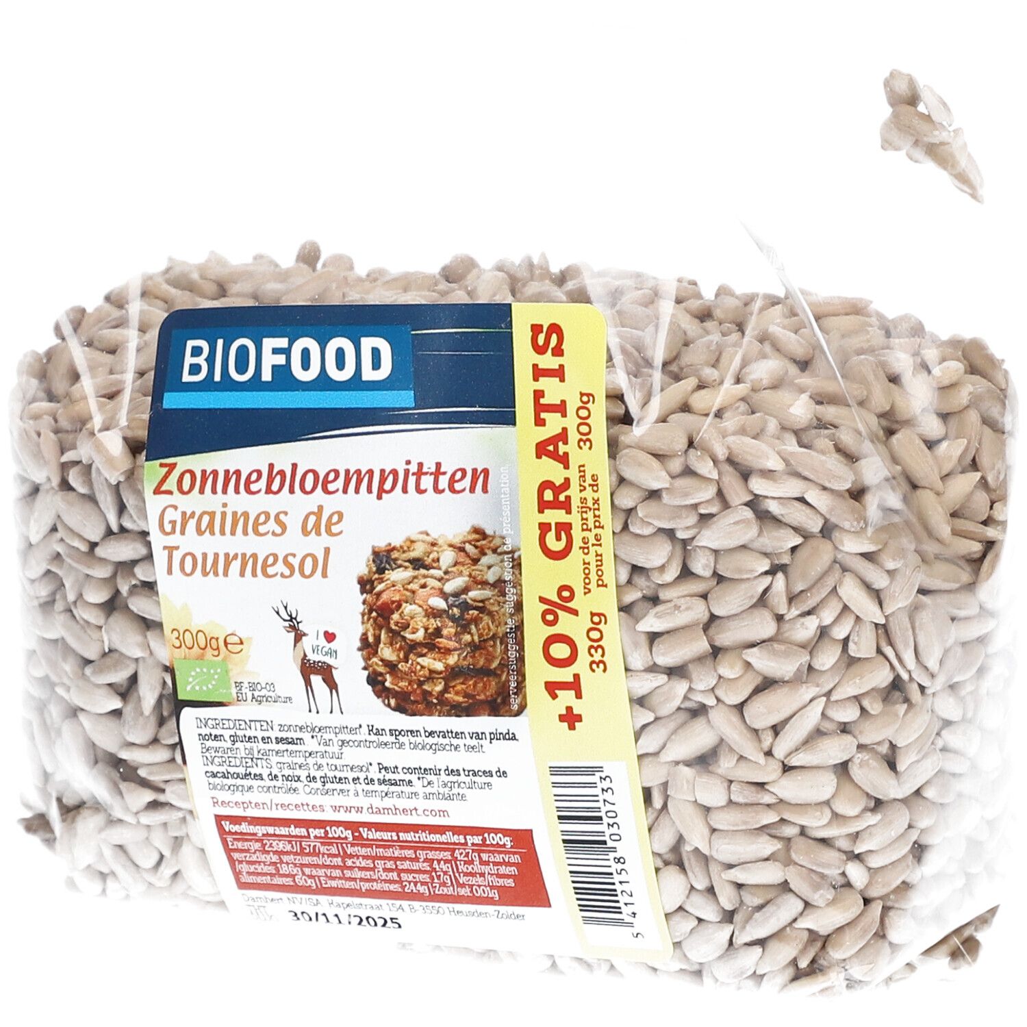 Transparante zak BIOFOOD zonnebloempitten. Opschriften: Zonnebloempitten, Graines de Tournesol, 300g, +10% gratis.