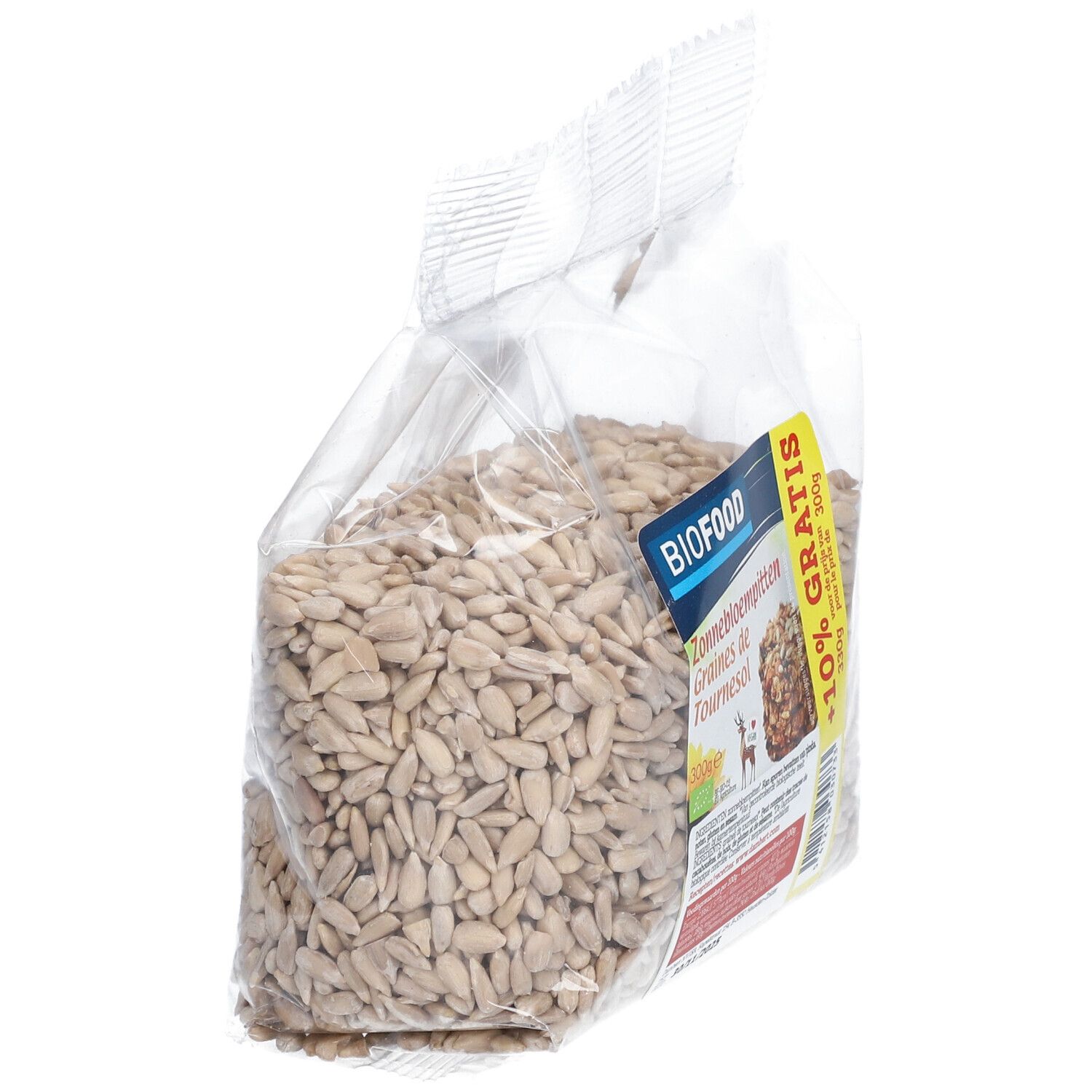 Transparante zak BIOFOOD zonnebloempitten. Opschriften: Zonnebloempitten, Graines de Tournesol, +10% gratis.
