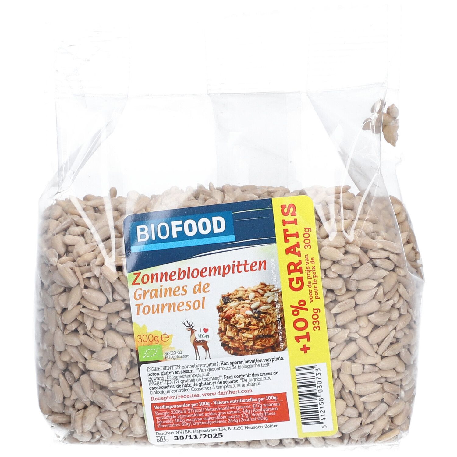 Transparante zak BIOFOOD zonnebloempitten. Opschriften: Zonnebloempitten, Graines de Tournesol, 300g, +10% gratis.
