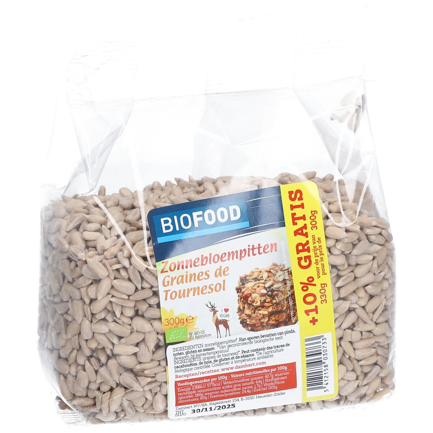 Transparante zak BIOFOOD zonnebloempitten. Opschriften: Zonnebloempitten, Graines de Tournesol, 300g, +10% gratis.