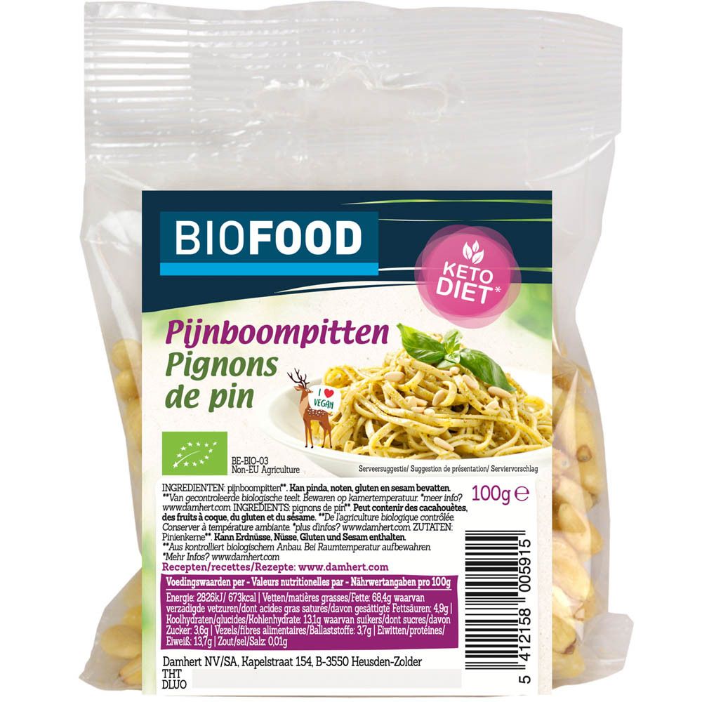 Transparante verpakking BIOFOOD Pijnboompitten. Opschrift: Pijnboompitten, Pignons de pin, 100g, Keto Diet, bio-label.