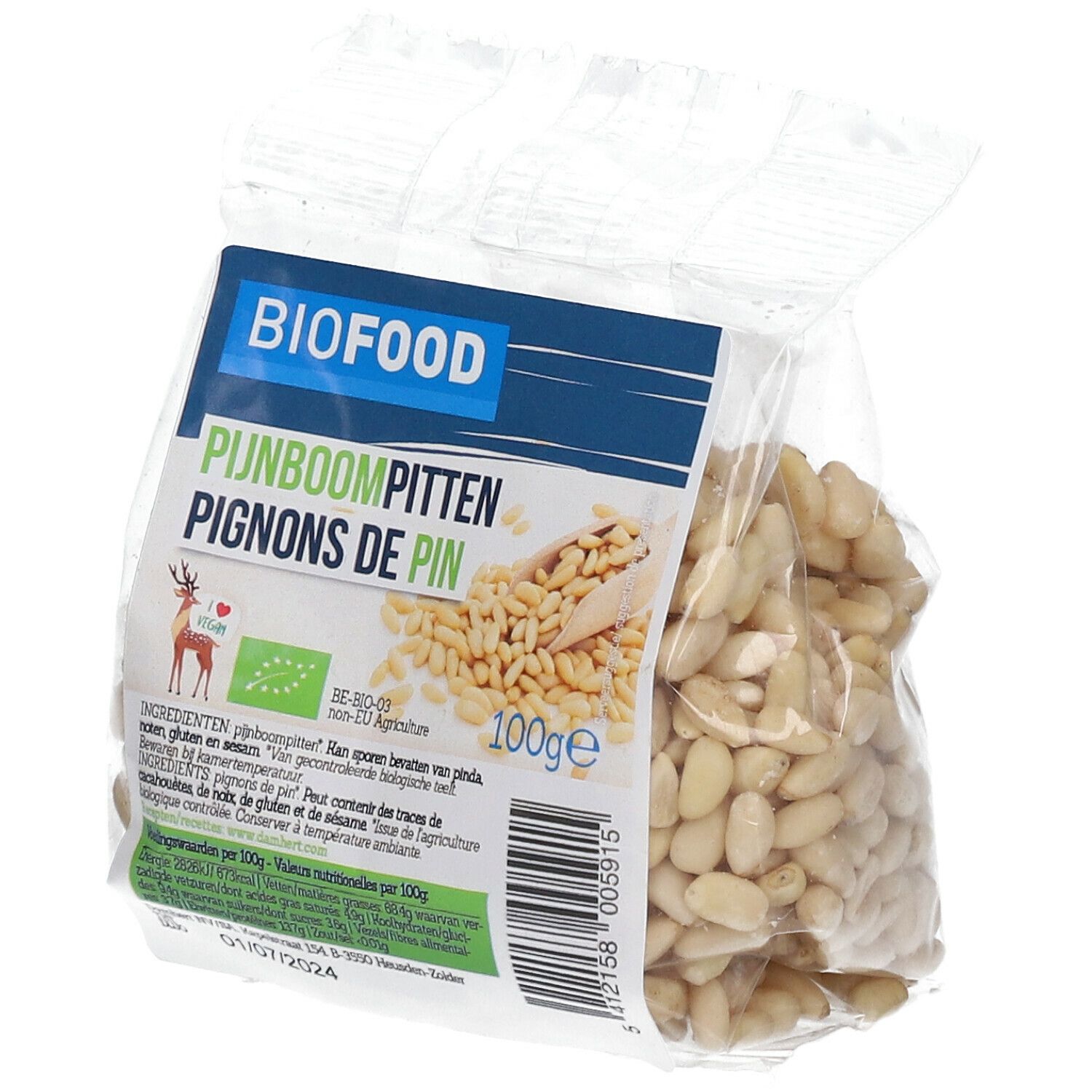 Transparante verpakking BIOFOOD Pijnboompitten. Opschrift: Pijnboompitten, Pignons de pin, 100g, bio-label.